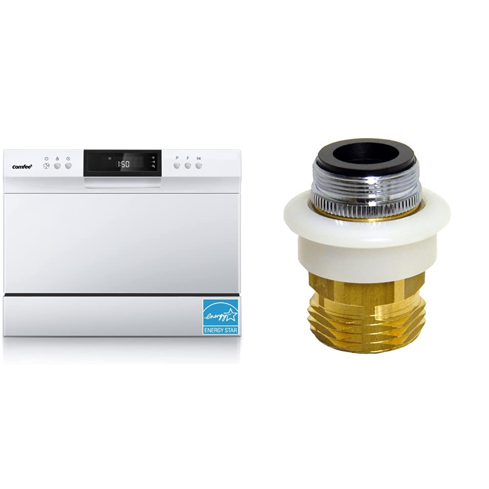 COMFEE’ Portable Countertop Dishwasher - 6 Place Settings, 8 Wash Programs, Compact & Energy Efficient for Apartments, RVs, Small Kitchens | White | Includes DANCO Brass Snap Coupling Adapter | Perfect for Dorms, Tiny Homes & Office Break Rooms