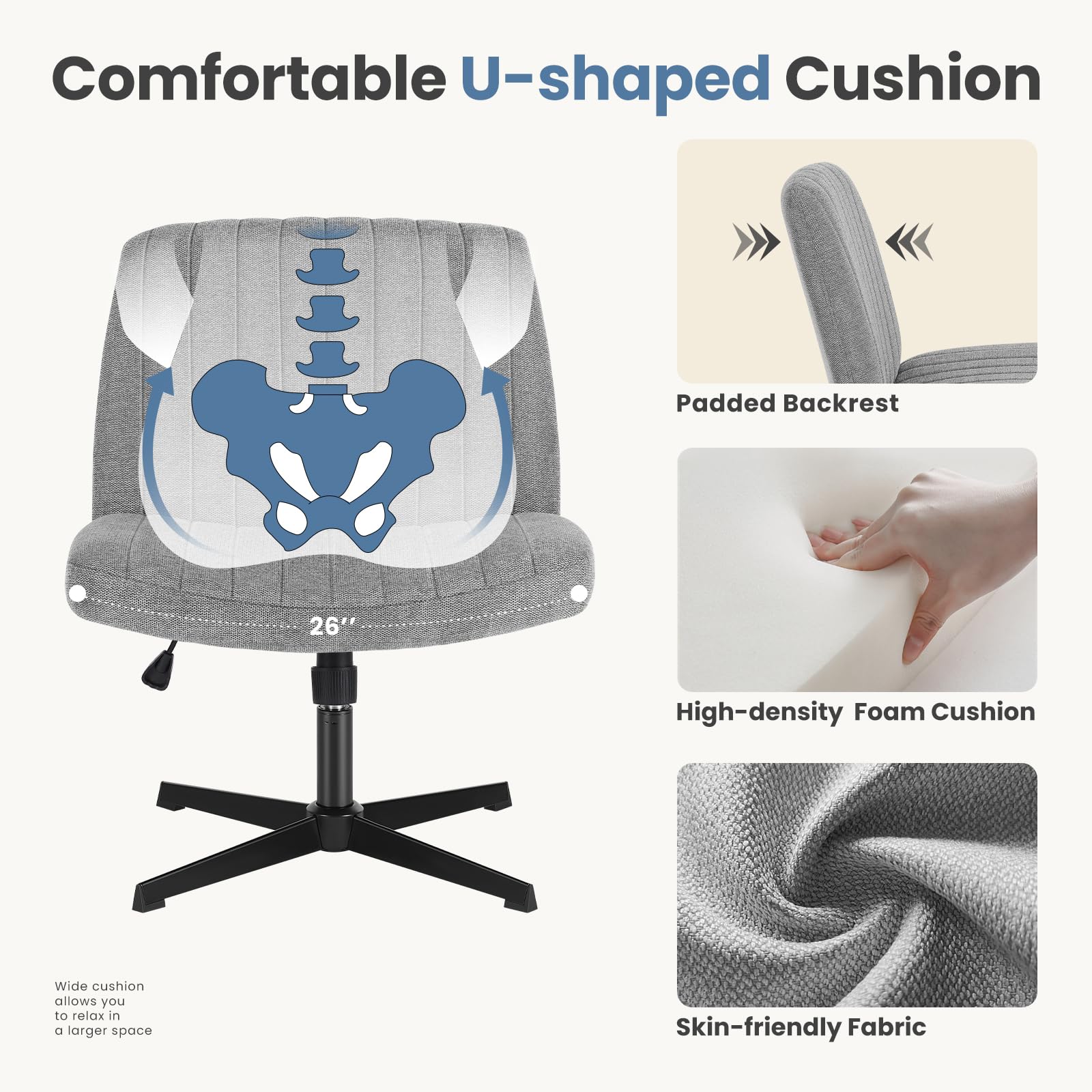 DUMOS Criss Cross Legged Office Chair - Armless Wide Seat Swivel Chair with Height Adjustment, Modern Fabric Desk Chair for Home Office, Bedroom & Vanity Use - No Wheels Design