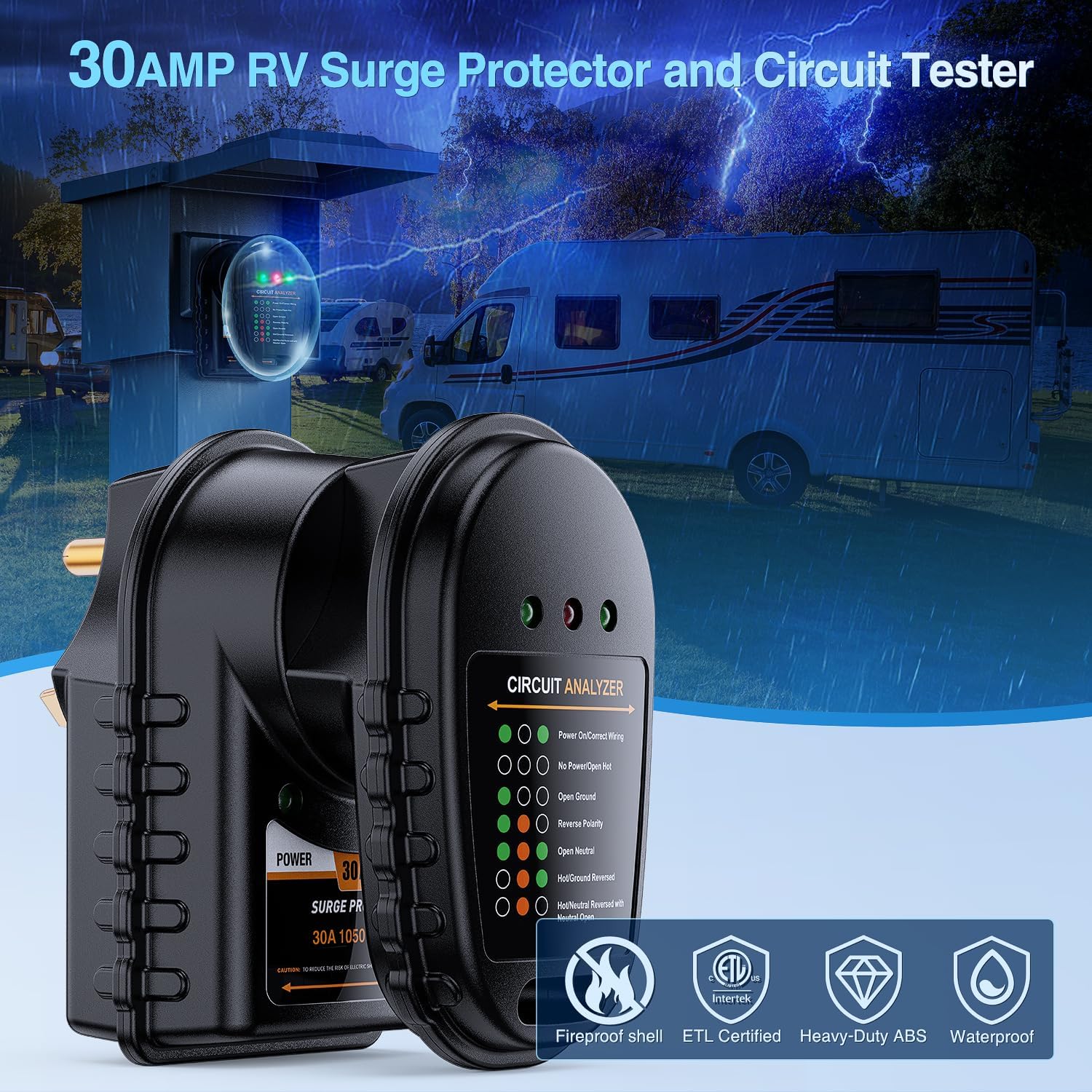 30Amp RV Surge Protector with Circuit Tester - Heavy Duty Electrical Protection for Campers & RVs - Perfect for Outdoor Camping, RV Parks & Power Hookups