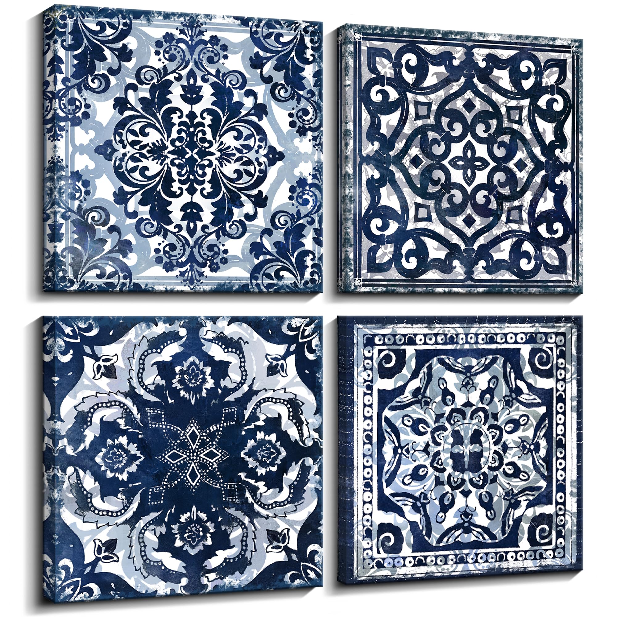 Modern Navy Blue Flower Canvas Wall Art - Set of 4 Framed Abstract Prints (14x14 Inch Each) for Bedroom & Bathroom Decor | Perfect for Home, Office, and Gift Giving