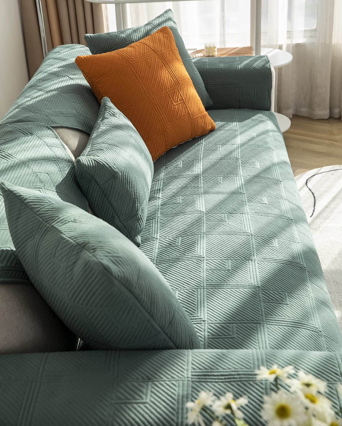 VCTOPS Non-Slip Quilted Cotton Sofa Cover - Embroidery Couch Protector for Sectional, L-Shaped, Recliner & Pet-Friendly Furniture (Green, 43