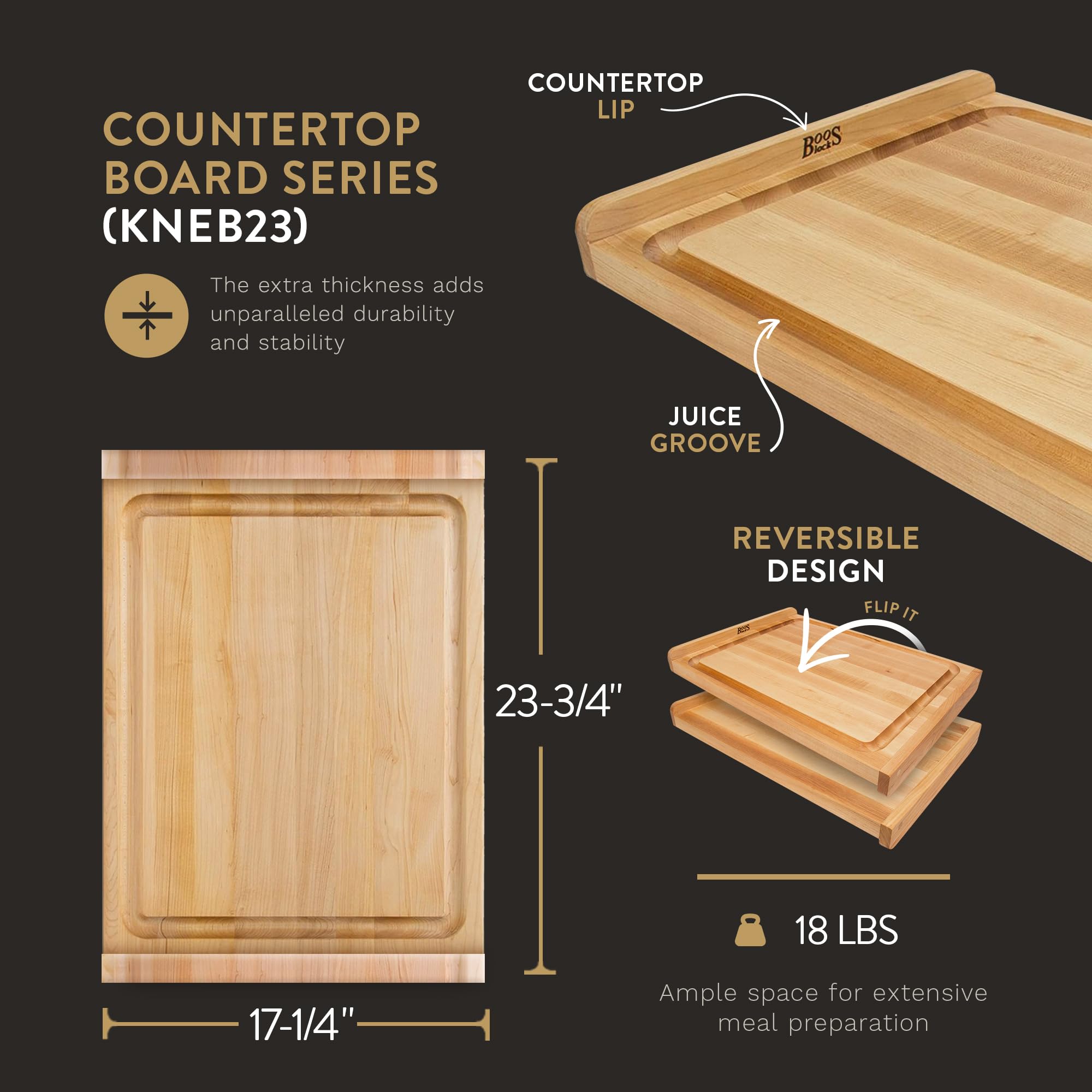 John Boos Large Reversible Maple Wood Cutting Board with Juice Groove - 1.25-Inch Thick, 23.75