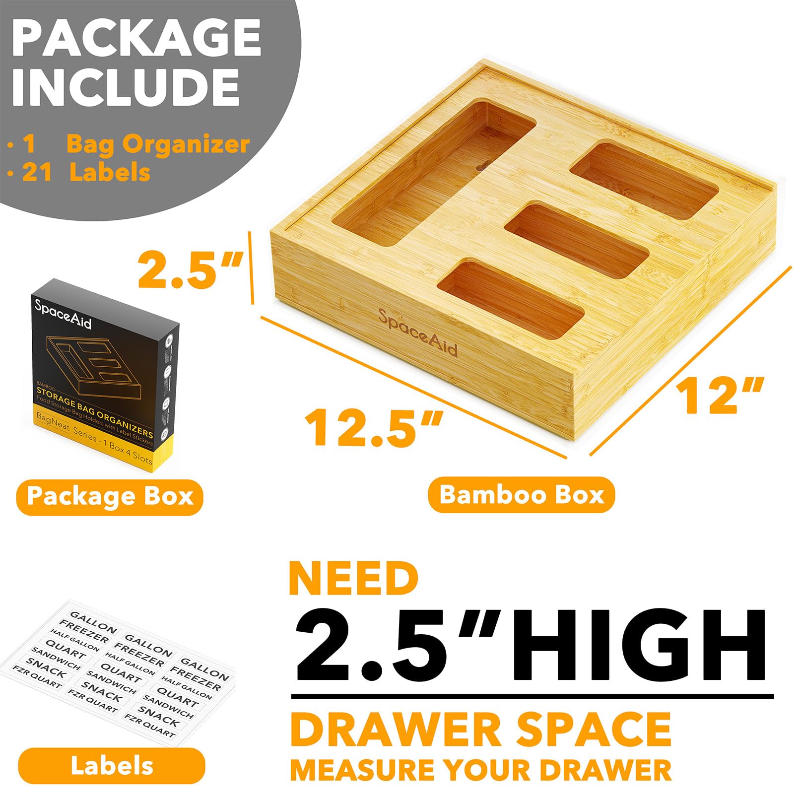 Bamboo Kitchen Drawer Organizer for Gallon, Quart, Sandwich & Snack Bags - 4-Slot Storage Box (2.5