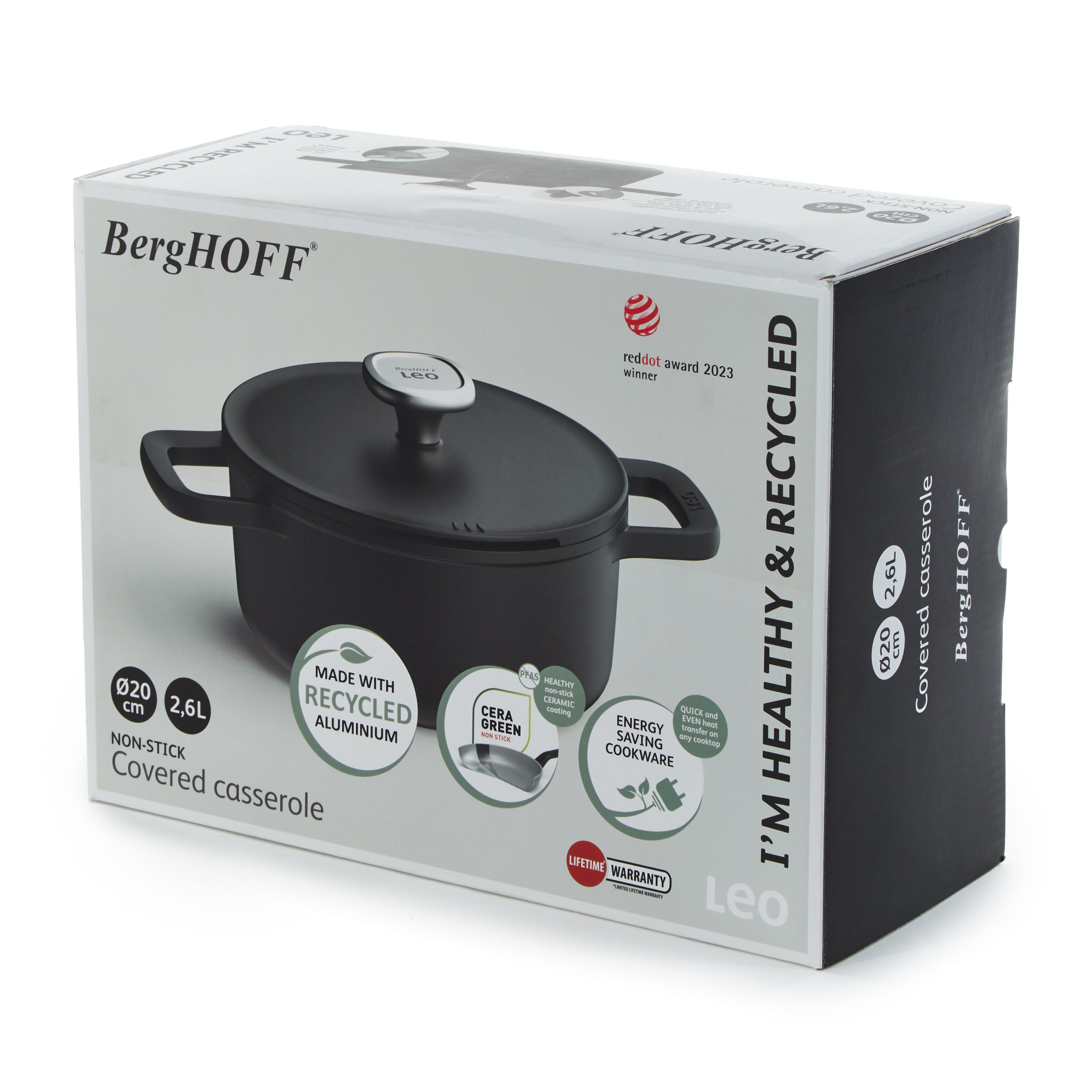 BergHOFF Leo Phantom Nonstick Ceramic 8-Inch Stockpot 2.7 Quart with Lid - Eco-Friendly Recycled Material - Perfect for Soups, Stews & Pasta Cooking