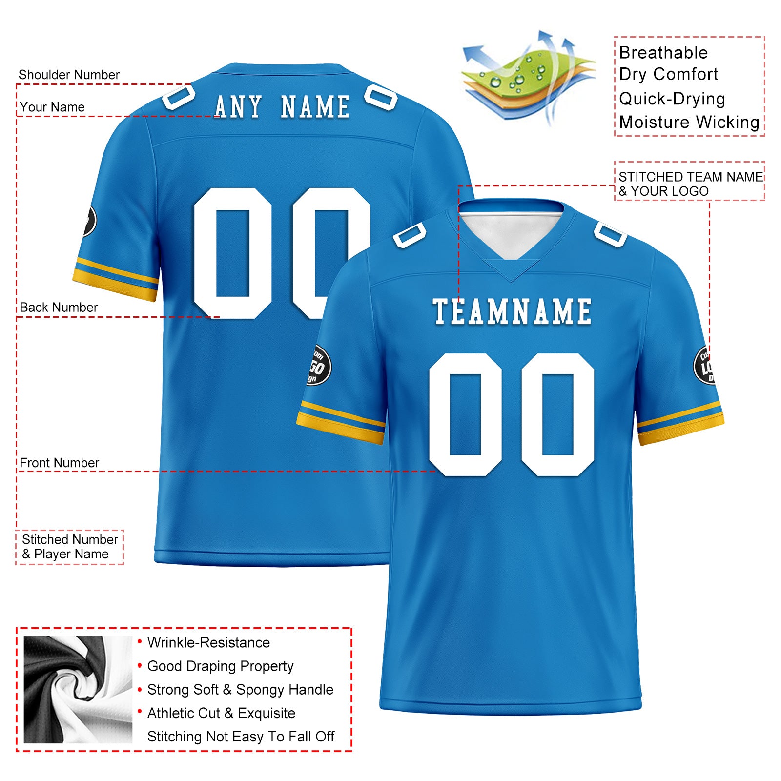 Custom Blue Los Angeles Personalized Authentic Football Jersey FBJ02 D020263 22 - Perfect for Game Day, Sports Events & Fan Gifts