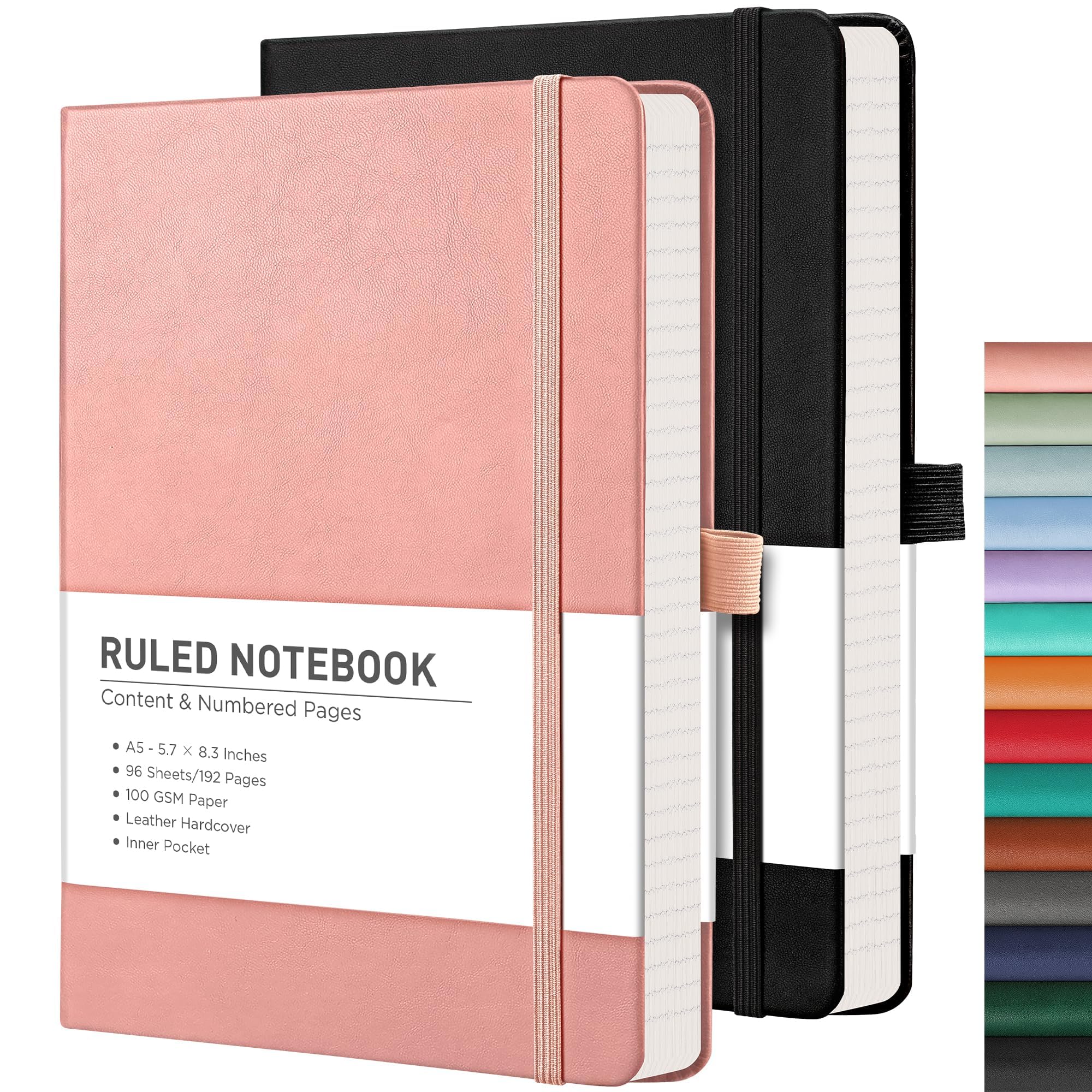 RETTACY 2-Pack A5 Lined Notebook Journal - 192 Numbered Pages per Notebook, 5.7''×8.3'' Medium Size, 100 GSM Thick Paper, Leather Hardcover for Writing, Work & School - Perfect for Daily Journaling, Note Taking & Office Use (Black & Pink)