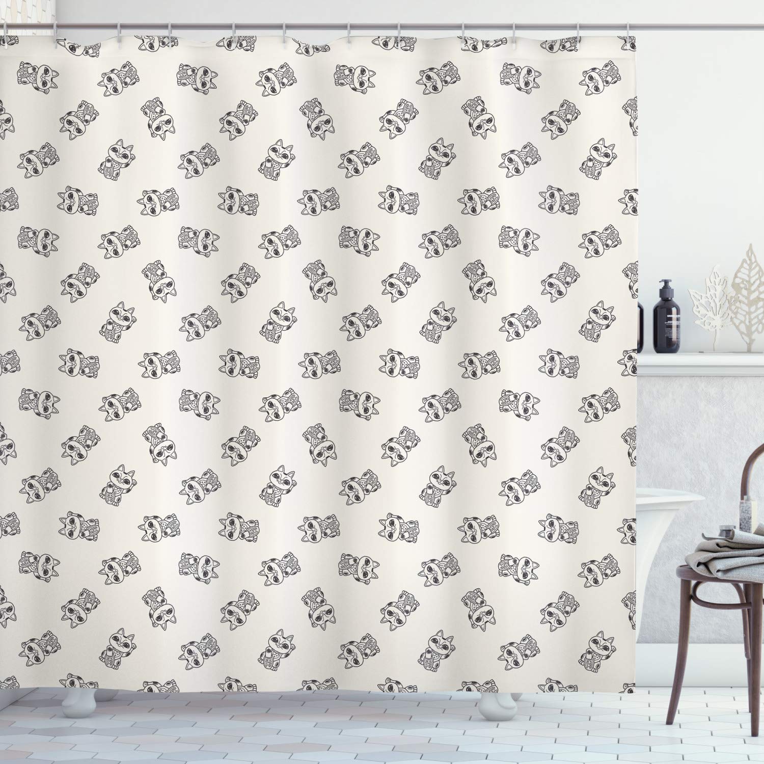 Ambesonne Japanese Cat Shower Curtain - Doodled Maneki Neko Lucky Cat Design, 69x75 Inch Fabric Bathroom Decor with Hooks in Eggshell & Grey | Cute Bathroom Accessories for Anime Lovers & Cat Themed Home Decor