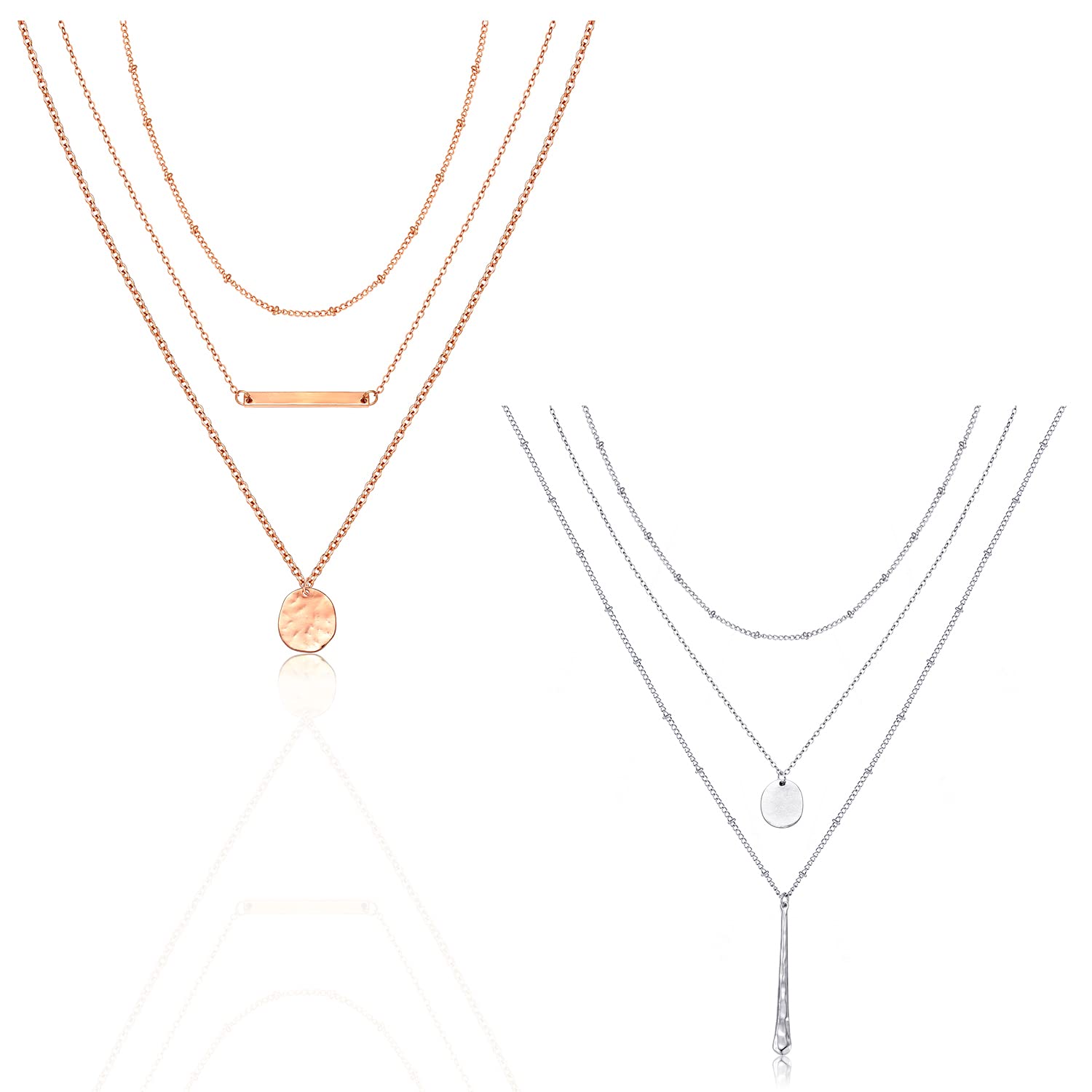 2 Pcs Bohemian Layered Necklace Set for Women - Multilayer Choker Necklaces with Simple Coin & Bar Pendant Station Chain - Perfect for Casual, Office & Party Wear