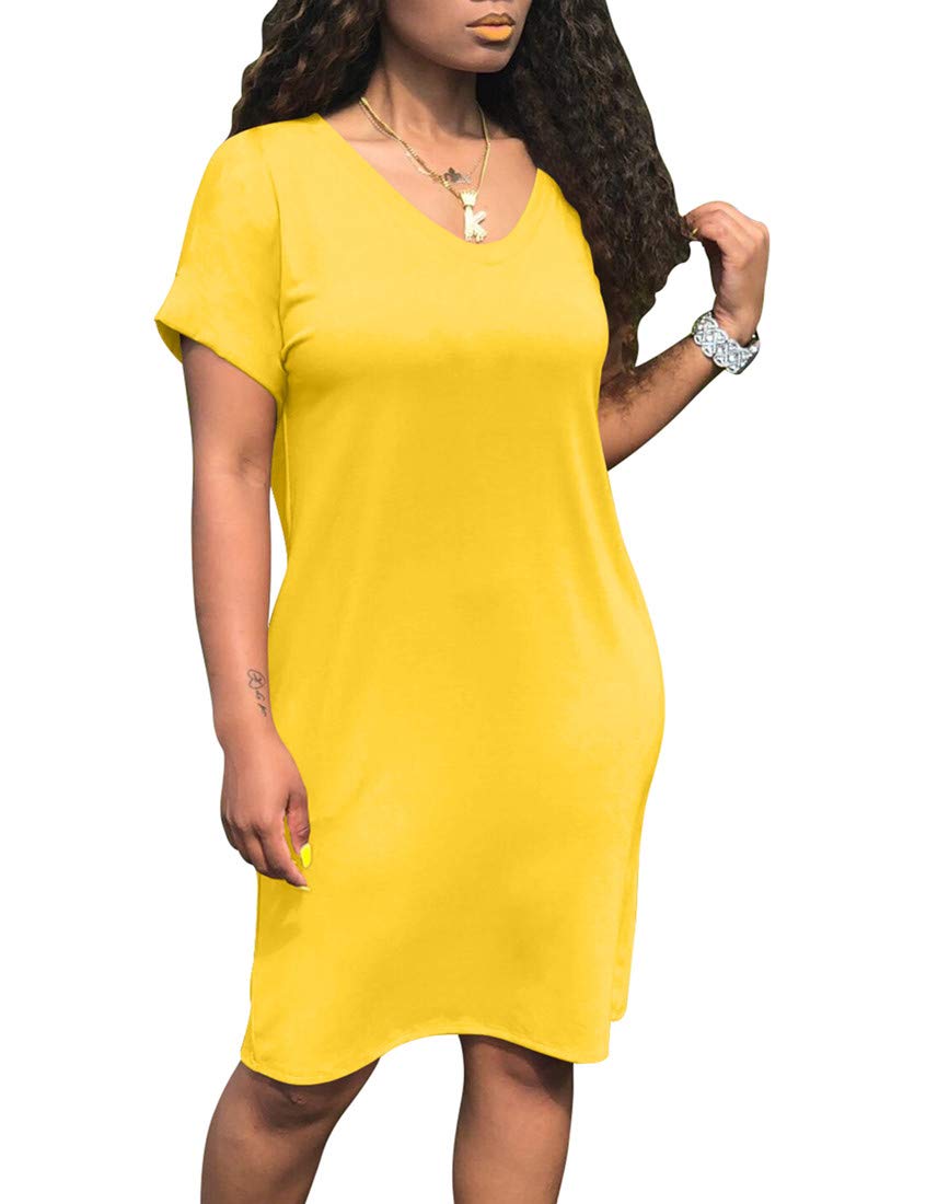 Cailami Women's Summer V-Neck Short Sleeve Midi T-Shirt Dress - Casual Tunic Dress with Pockets | Beach Cover Up, Vacation Outfit, Lounge Wear, Street Style Fashion