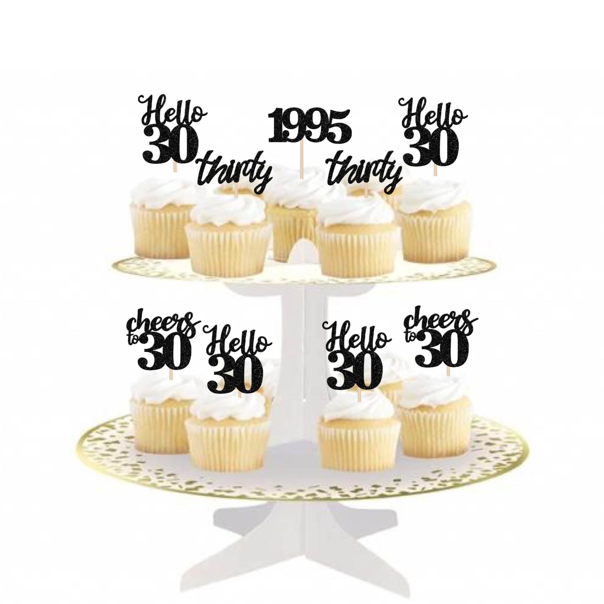 24 PCS Black Glitter 30th Birthday Cupcake Toppers - Hello 30, Cheers to 30 Since 1995 - Cake Decorations for 30th Birthday Party, Anniversary Celebration & Milestone Events