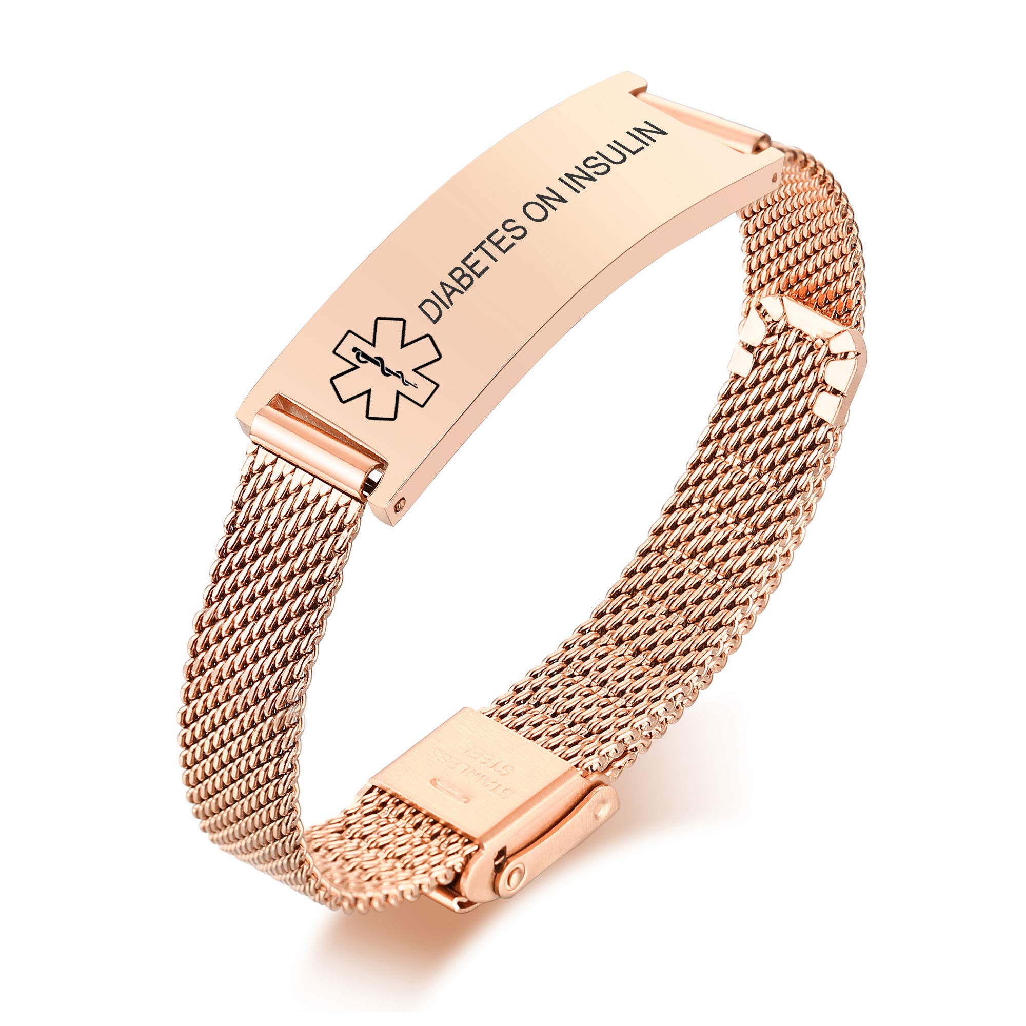 VNOX Adjustable Stainless Steel Medical Alert Bracelet for Diabetes & Insulin - Emergency ID Wristband for Men, Women & Kids (Rose Gold Plated) - Perfect for Daily Wear, Travel & Medical Safety