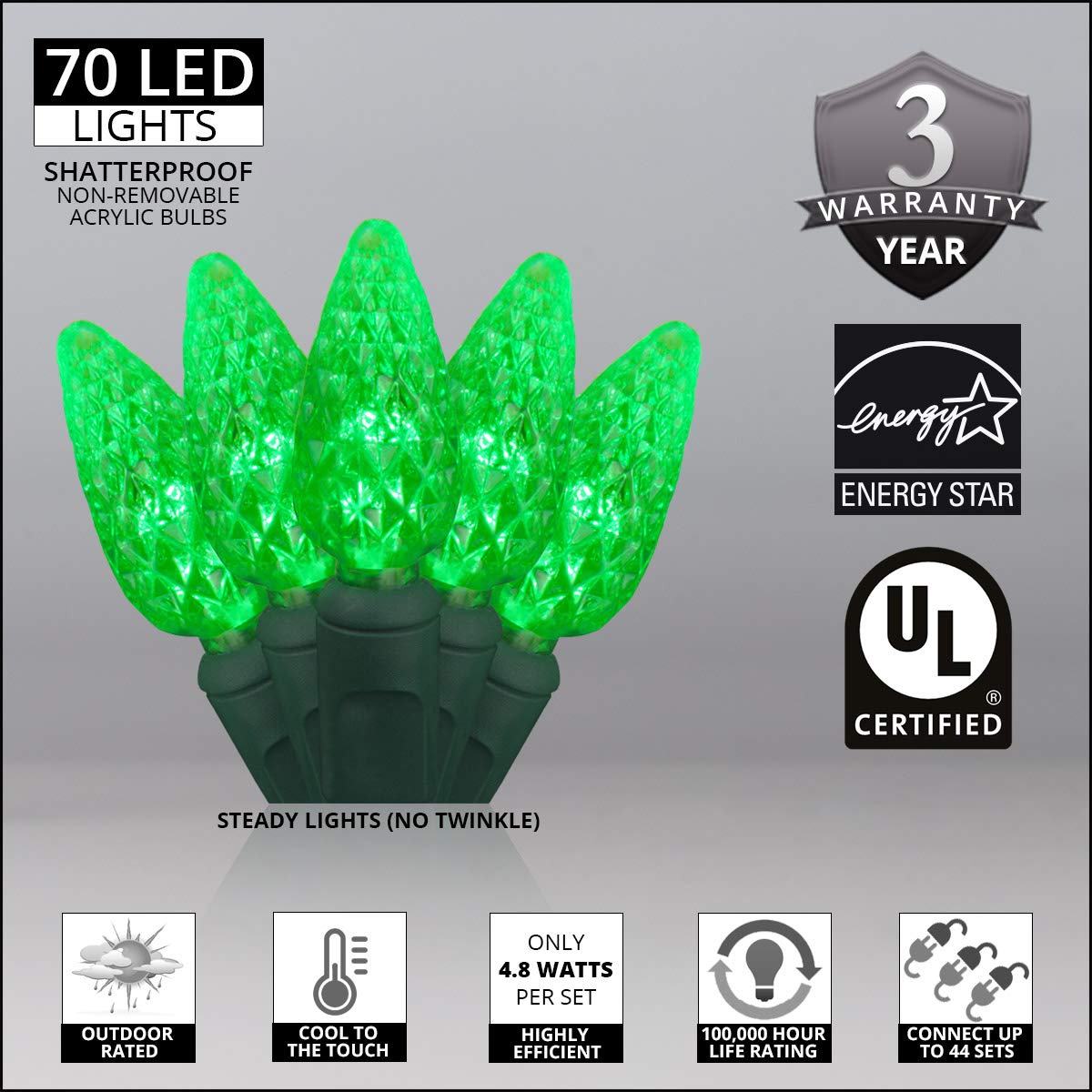 70 C6 Green LED String Lights - 24 Ft Indoor/Outdoor Waterproof Christmas Lights for Tree, Patio, Garden - Perfect for St. Patrick's Day, Halloween & Holiday Decorations