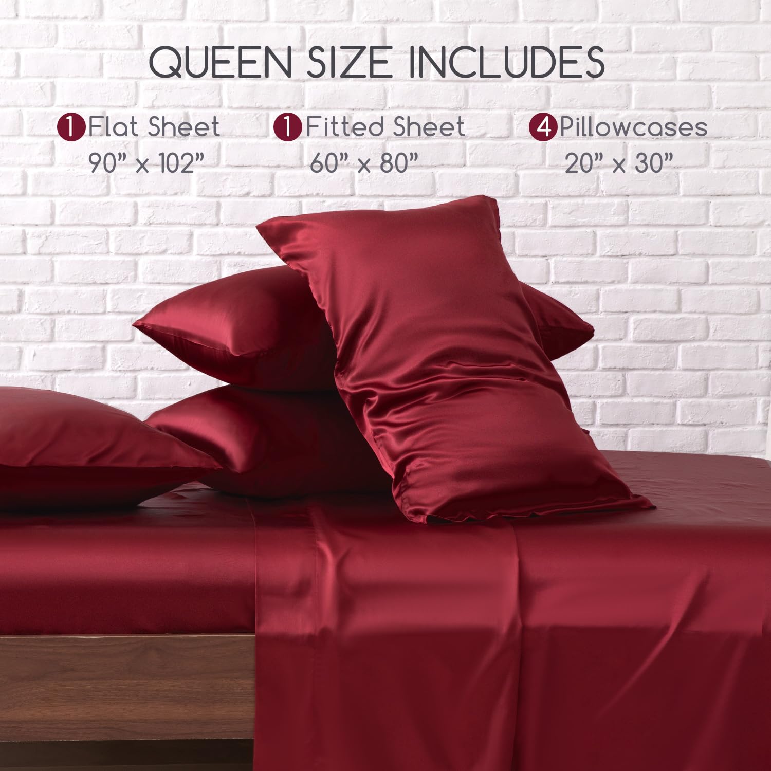 MR&HM Satin Queen Size Bed Sheets Set - 6 Piece Silky Soft Bedding with 15