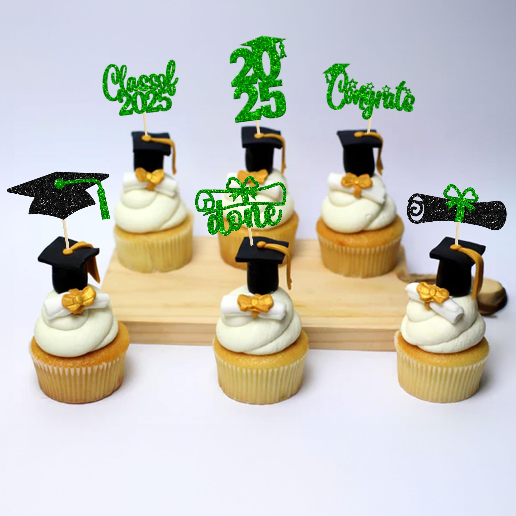 24 Pack Class of 2025 Graduation Cupcake Toppers - Glitter Congrats Grad Cap & Diploma Cake Decorations - Green Graduation Party Supplies for 2025 Theme Celebrations, School Parties & Commencement Cakes