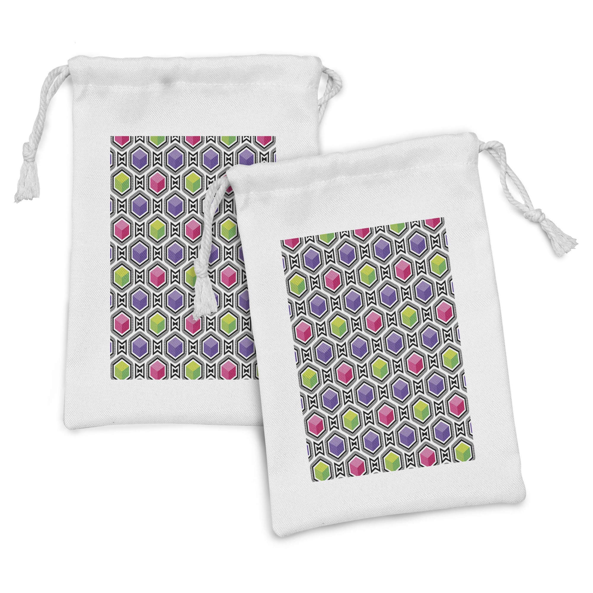 Ambesonne Abstract Fabric Pouch Set of 2 - Colorful Geometric Optical Illusion Cubes Drawstring Bags (9