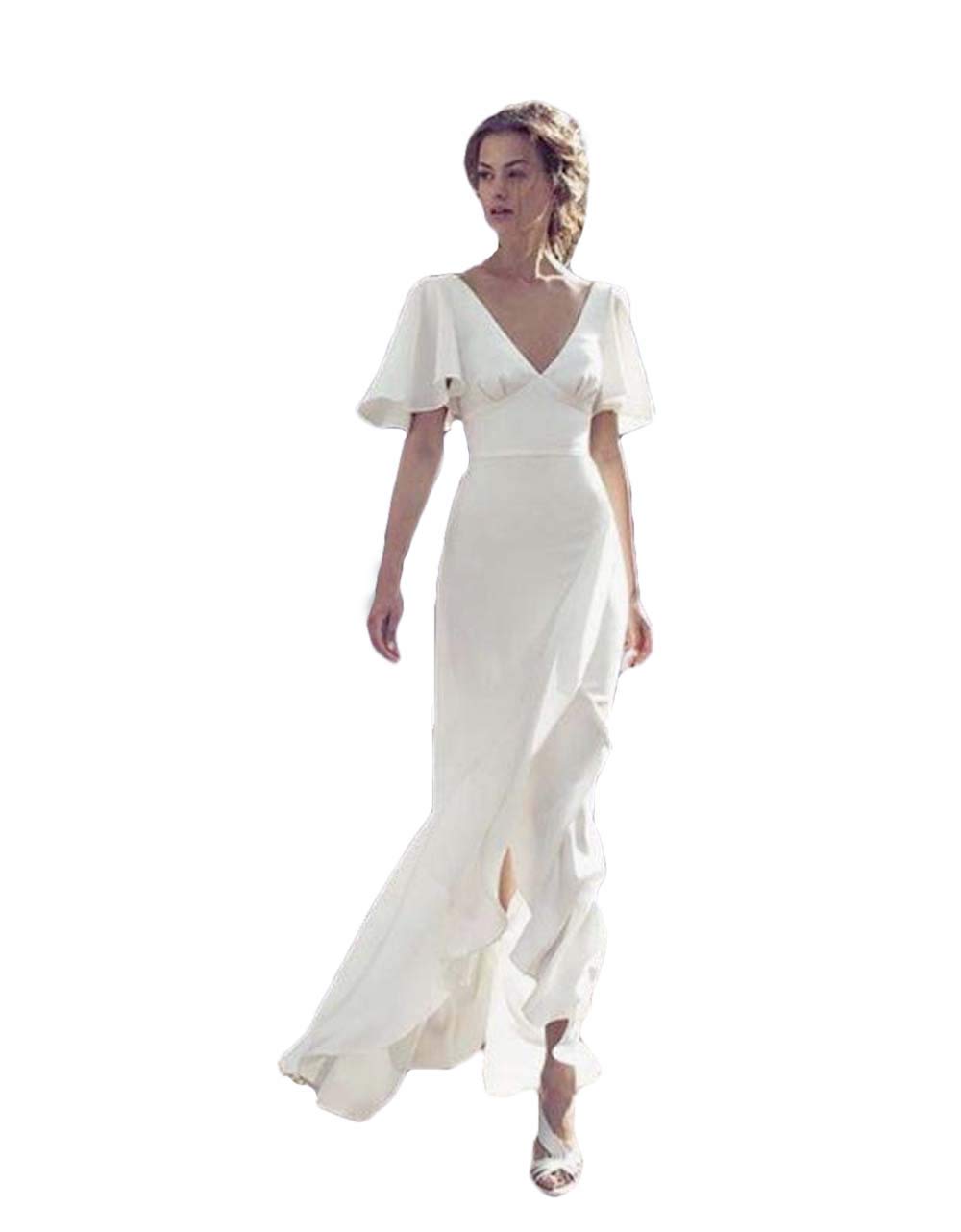 2021 Bohemian V-Neck Wedding Dress with Front Split & Backless Design - Floor Length Bridal Gown for Beach, Garden & Outdoor Ceremonies