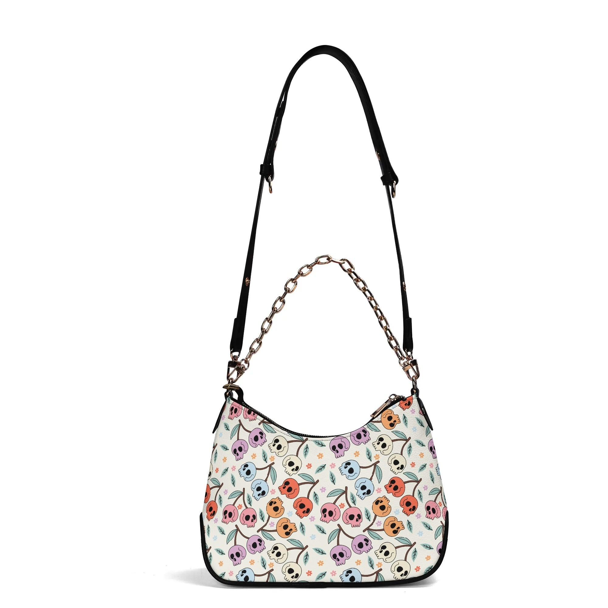 Stylish Cherry Skull Print Leather Crossbody Bag with Detachable Chain Strap - Gothic Fashion Accessory for Women, Perfect for Parties, Concerts & Everyday Use