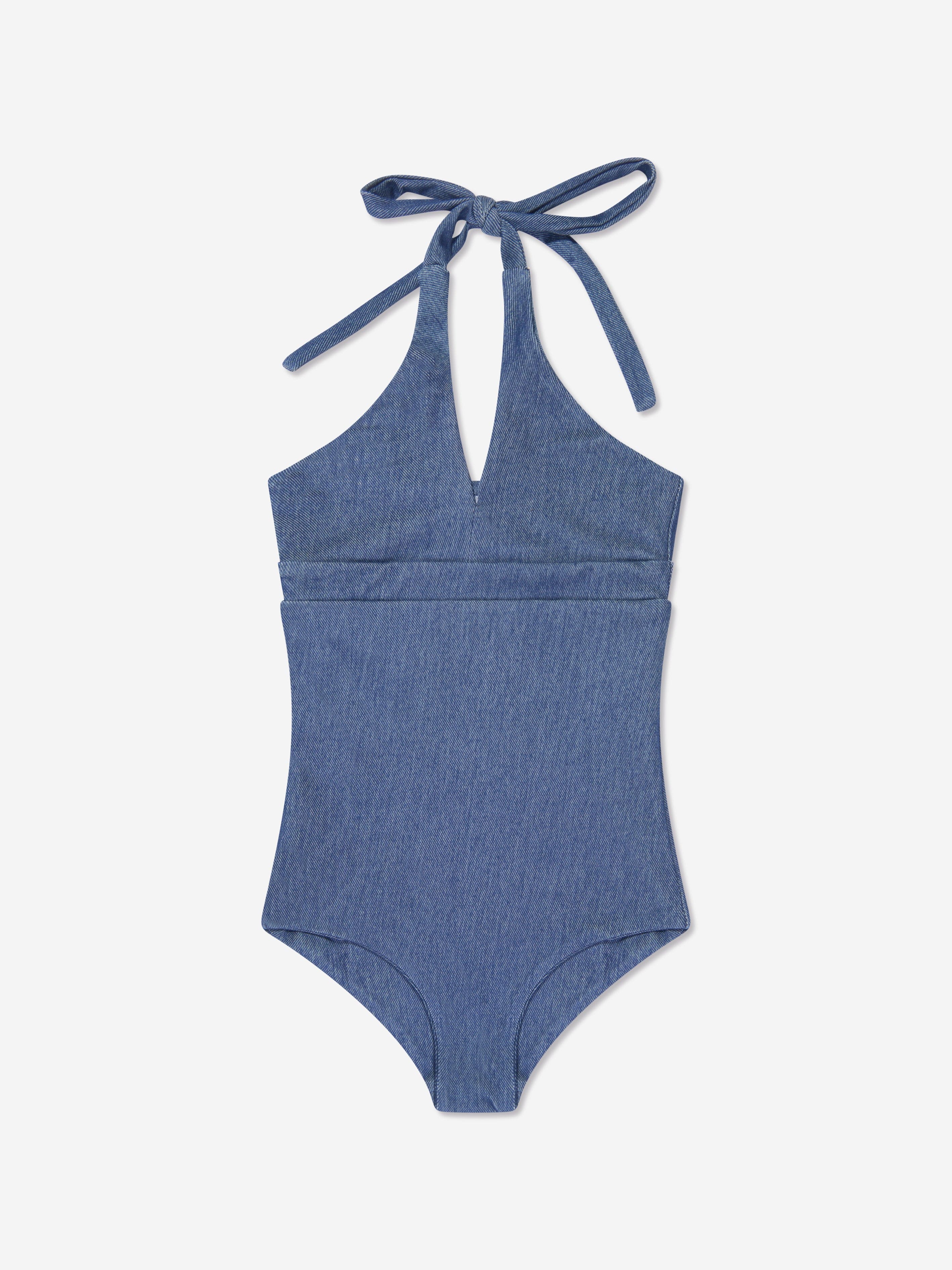 AY by AYLA Girls Denim Look Halterneck Swimsuit - Blue Two-Piece Swimwear for Kids, Beach & Pool Party Outfit | Perfect for Summer Vacation, Water Parks & Family Getaways