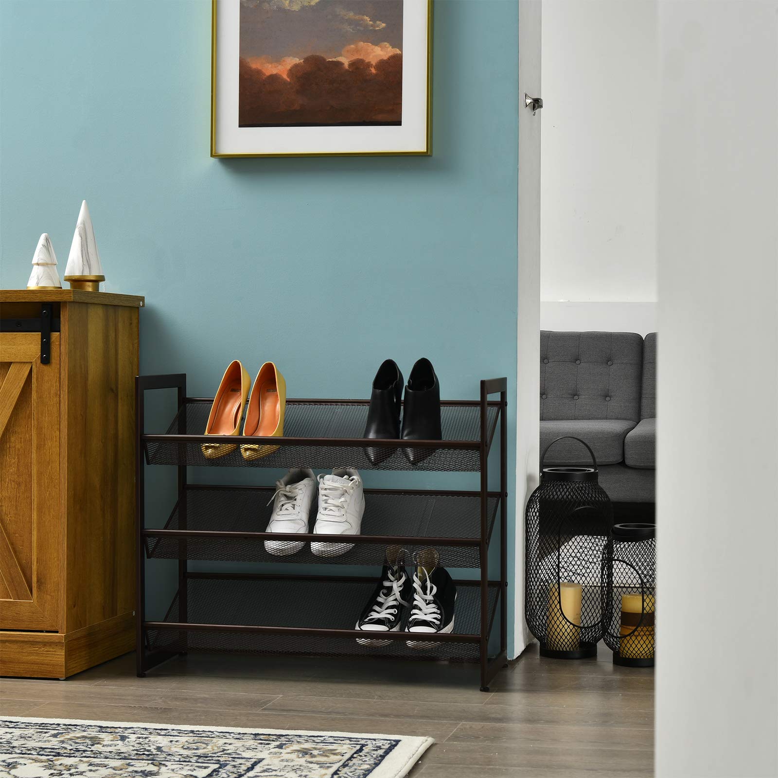Giantex 3-Tier Metal Shoe Rack Organizer - Adjustable Angled/Flat Mesh Shelves Holds 9-12 Pairs - Freestanding Shoe Storage for Entryway, Closet, Bedroom & Hallway - Space Saving Shoe Organizer for Small Apartments & Dorm Rooms