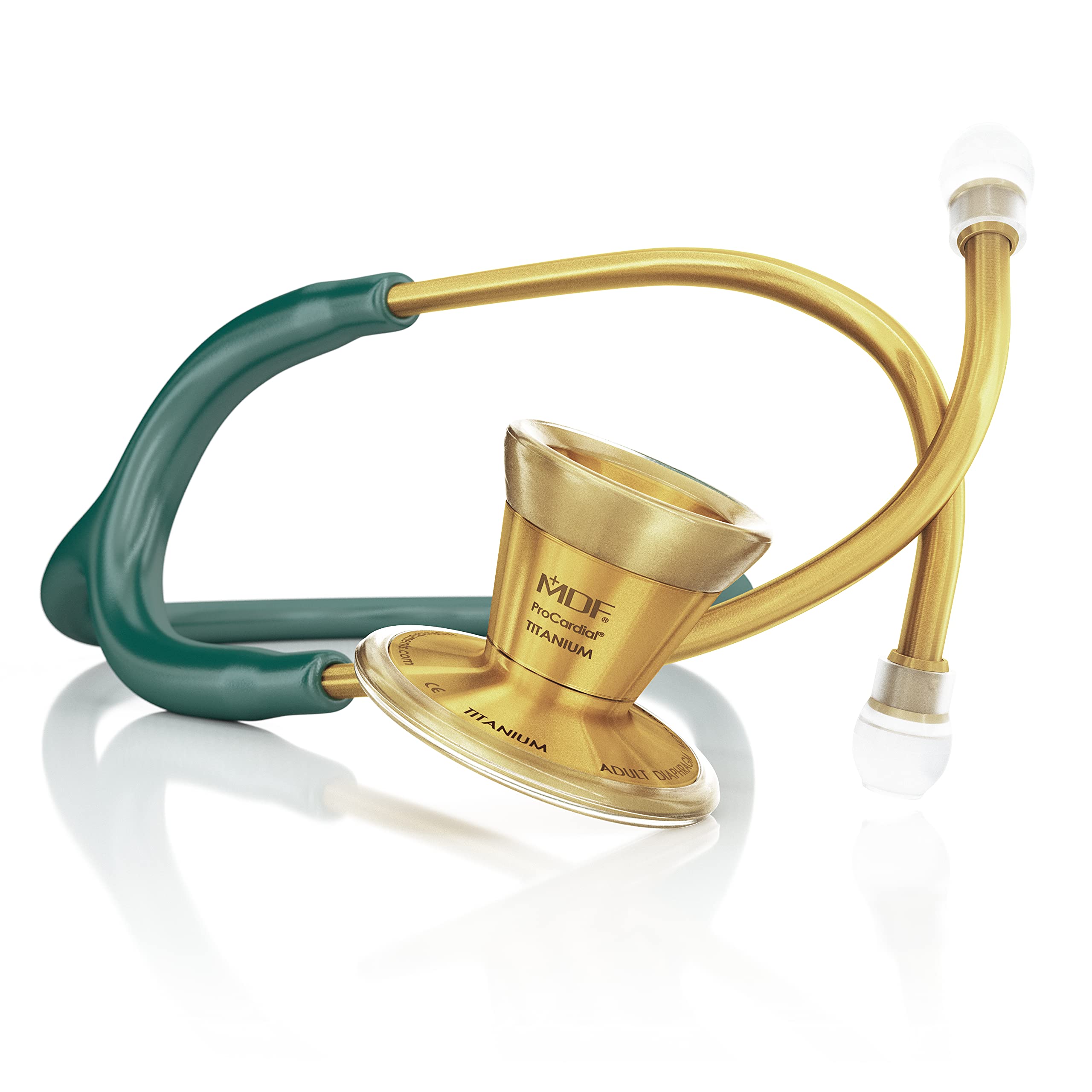 MDF797TK21 Cardiology Stethoscope - Lightweight Titanium Dual Head Stethoscope for Adults with Emerald Green Tube & Gold Chestpiece - Perfect for Medical Professionals, Nurses, and Students in Clinical Settings