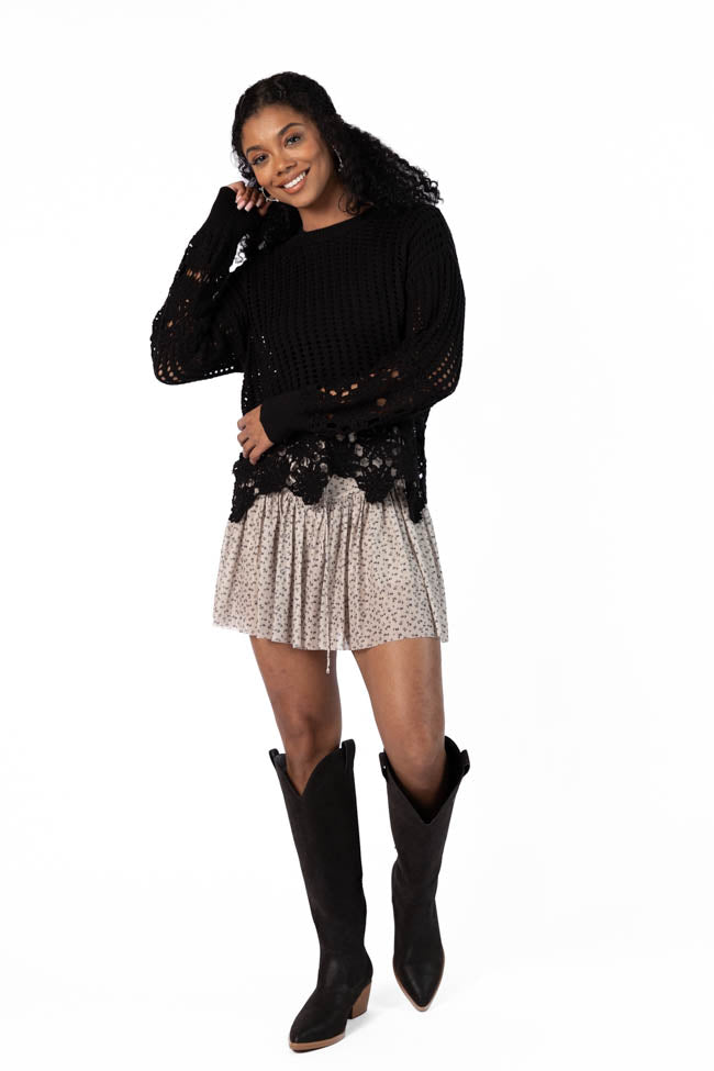 Stylish Black Floral Crochet Sweater for Women - Boho Chic Lace Trim Knit Top for Casual Outings & Date Nights