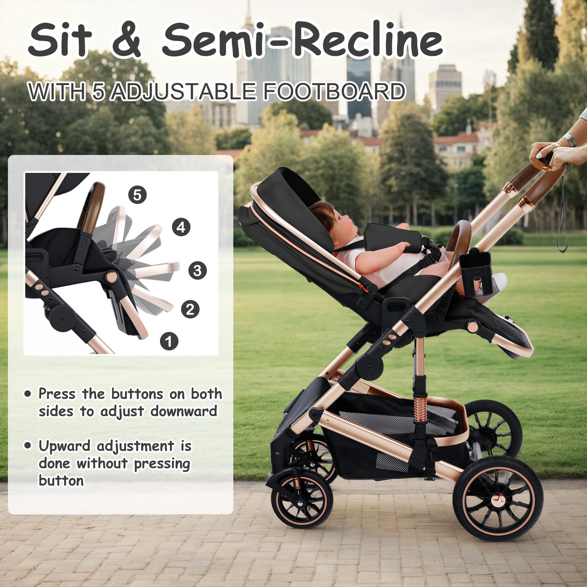 Convertible Baby Stroller - Lightweight Folding Infant Stroller with Large UV Protection Canopy, Adjustable Reclining Backrest, Cup Holder & Storage Basket | Perfect for Travel, Shopping & Daily Walks (Black)