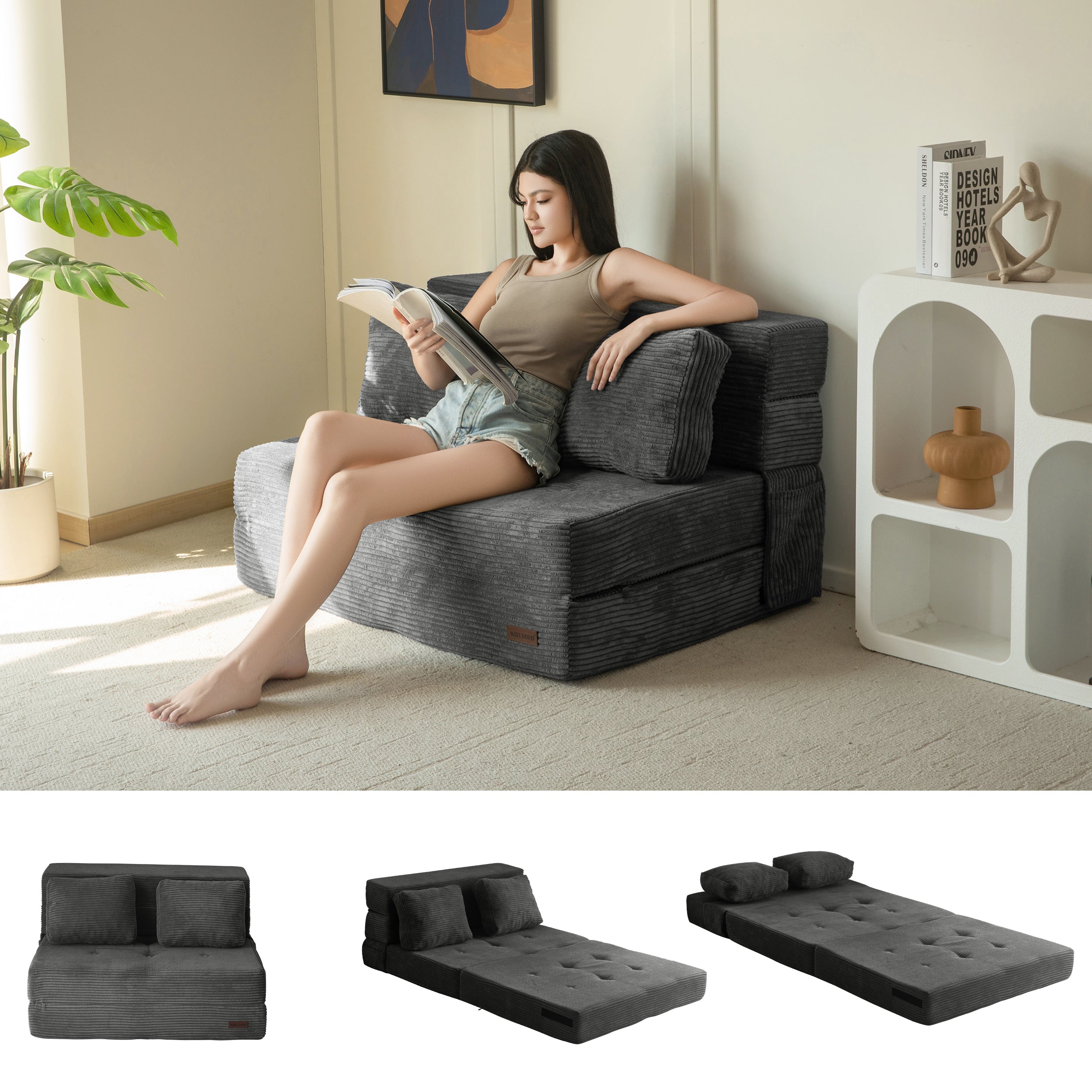 MAXYOYO 3-in-1 Convertible Sofa Bed - Foldable Single Sleeper Sofa with Pillow, Foam Floor Couch & Lazy Chair for Living Room, Bedroom or Guest Room (Dark Grey) | Perfect for Small Spaces, Overnight Guests & Cozy Lounging