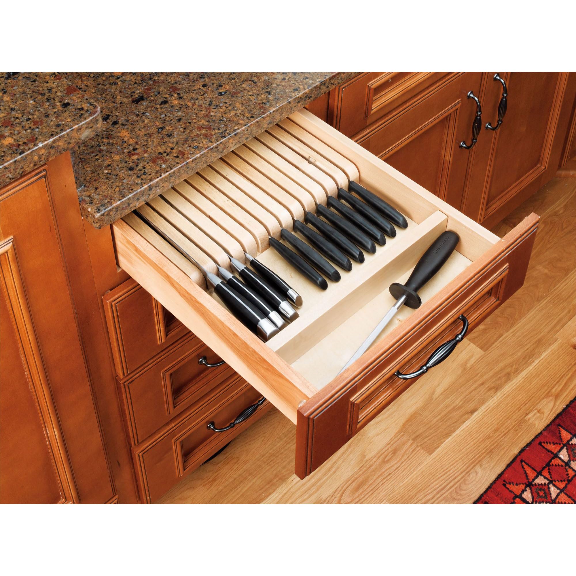 Rev-A-Shelf Adjustable Wooden Knife Block Drawer Organizer - 19 Slot Cutlery Tray with Silverware Storage for Kitchen Utensils | Perfect for Kitchen Drawer Organization & Knife Safety Storage | Fits Standard Drawers (Model 4WKB-1)