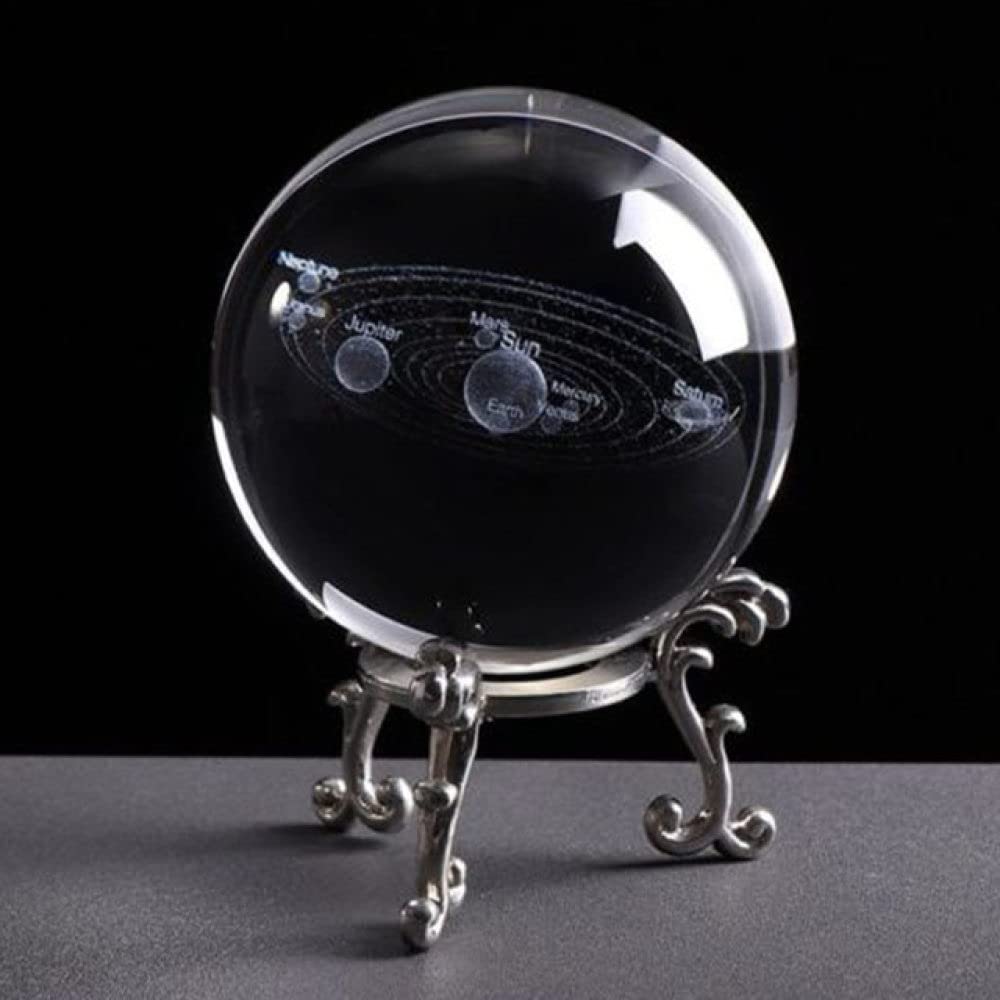 6cm Solar System Crystal Ball with Silver Metal Base - 3D Engraved Miniature Planets Model for Desktop Decoration, Home Decor, Photo Props & Unique Gift Ideas | Perfect for Astronomy Lovers, Science Classrooms & Office Desk Displays