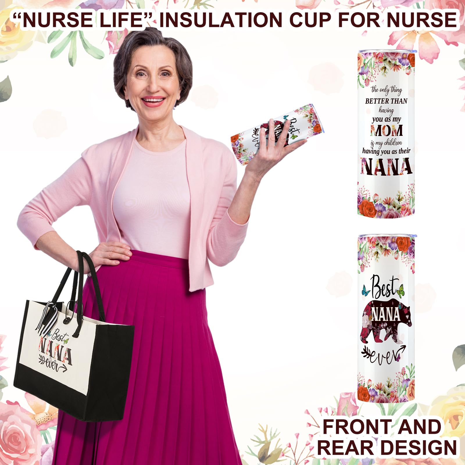 Silkfly 3-Piece Best Nana Ever Gift Set - Stainless Steel Tumbler & Canvas Tote Bag for Women | Perfect Mother's Day, Birthday Gifts for Mom, Grandma, Friend, Family & Coworkers | Great for Coffee Dates, Shopping Trips & Office Use