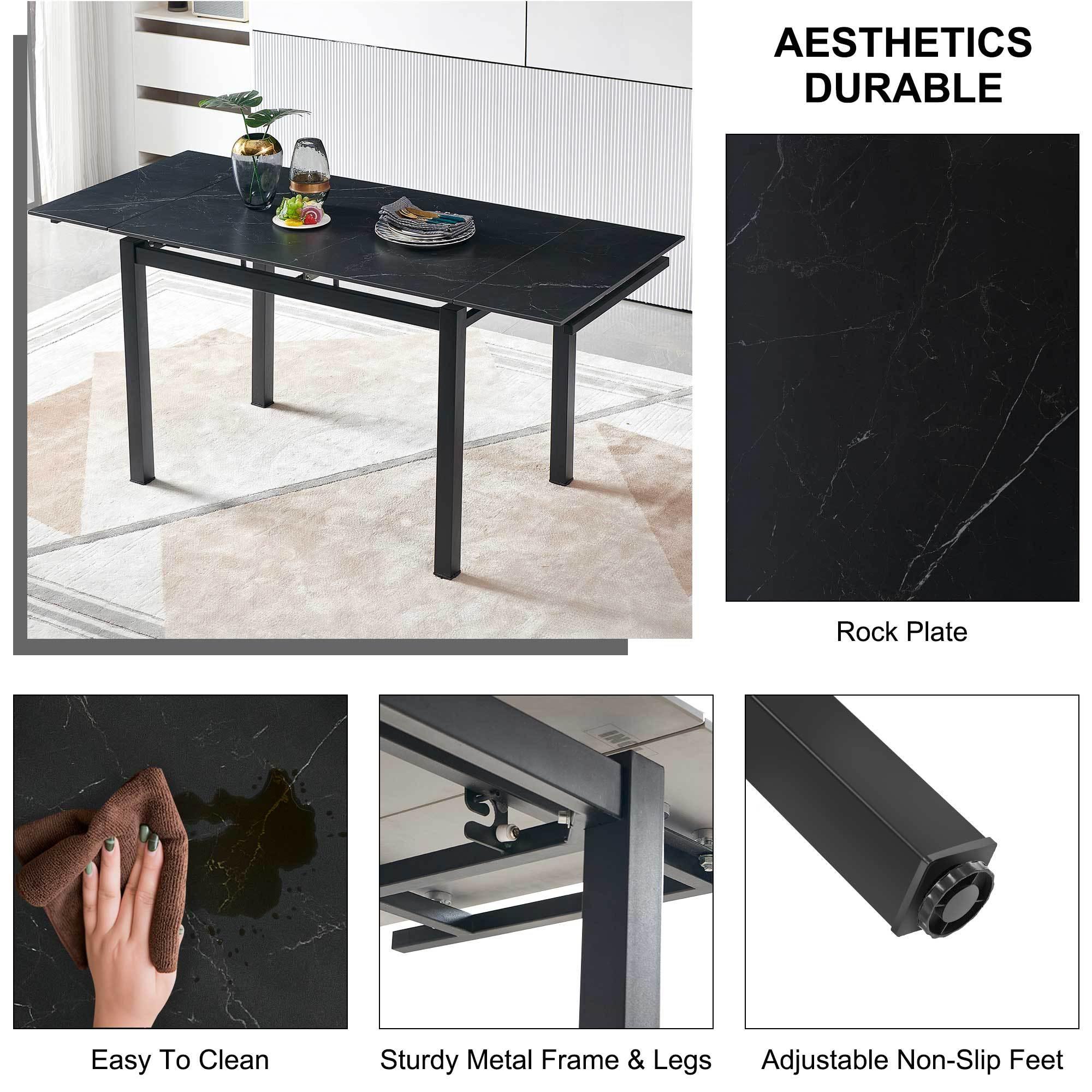 Modern Black Ceramic Expandable Rectangular Dining Table - Space Saving Kitchen & Small Apartment Furniture for Dining Room, Breakfast Nook, and Compact Living Spaces