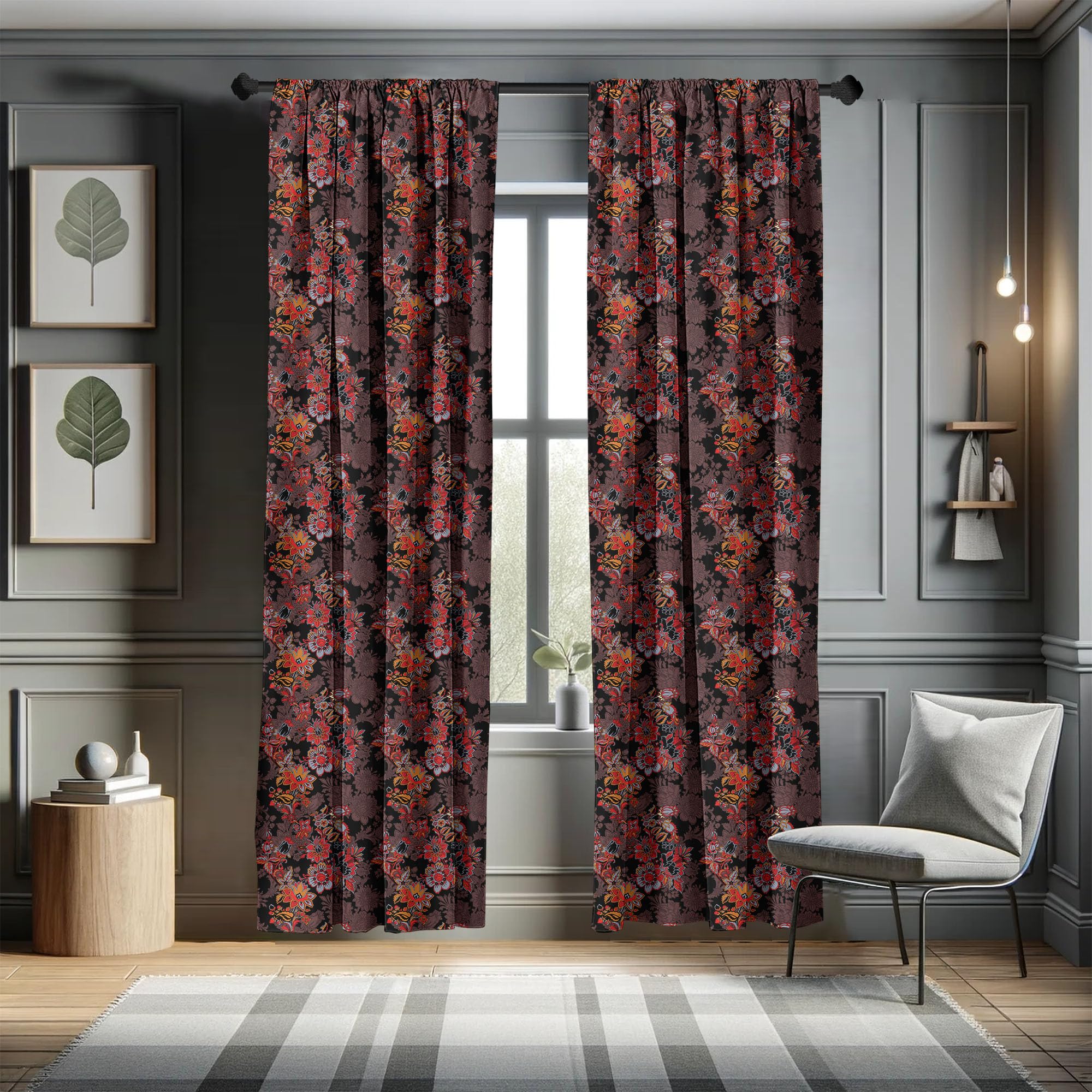 Ambesonne Japanese Art Floral Window Curtains - Asian Flowers Boho Print Lightweight Black Orange Mustard 2-Panel Set with Rod Pocket (28