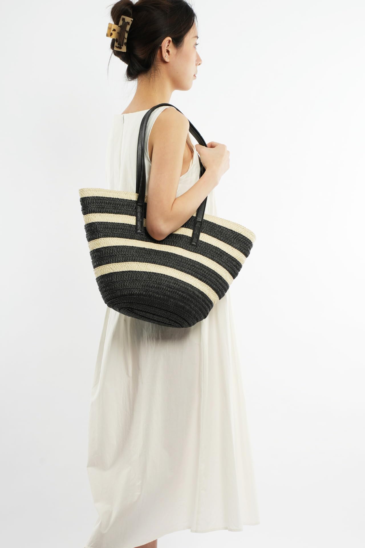 Rejolly Straw Tote Bag for Women - Large Woven Beach Bag with Zipper & Leather Handle - Perfect for Summer Vacation, Shopping, and Outdoor Activities