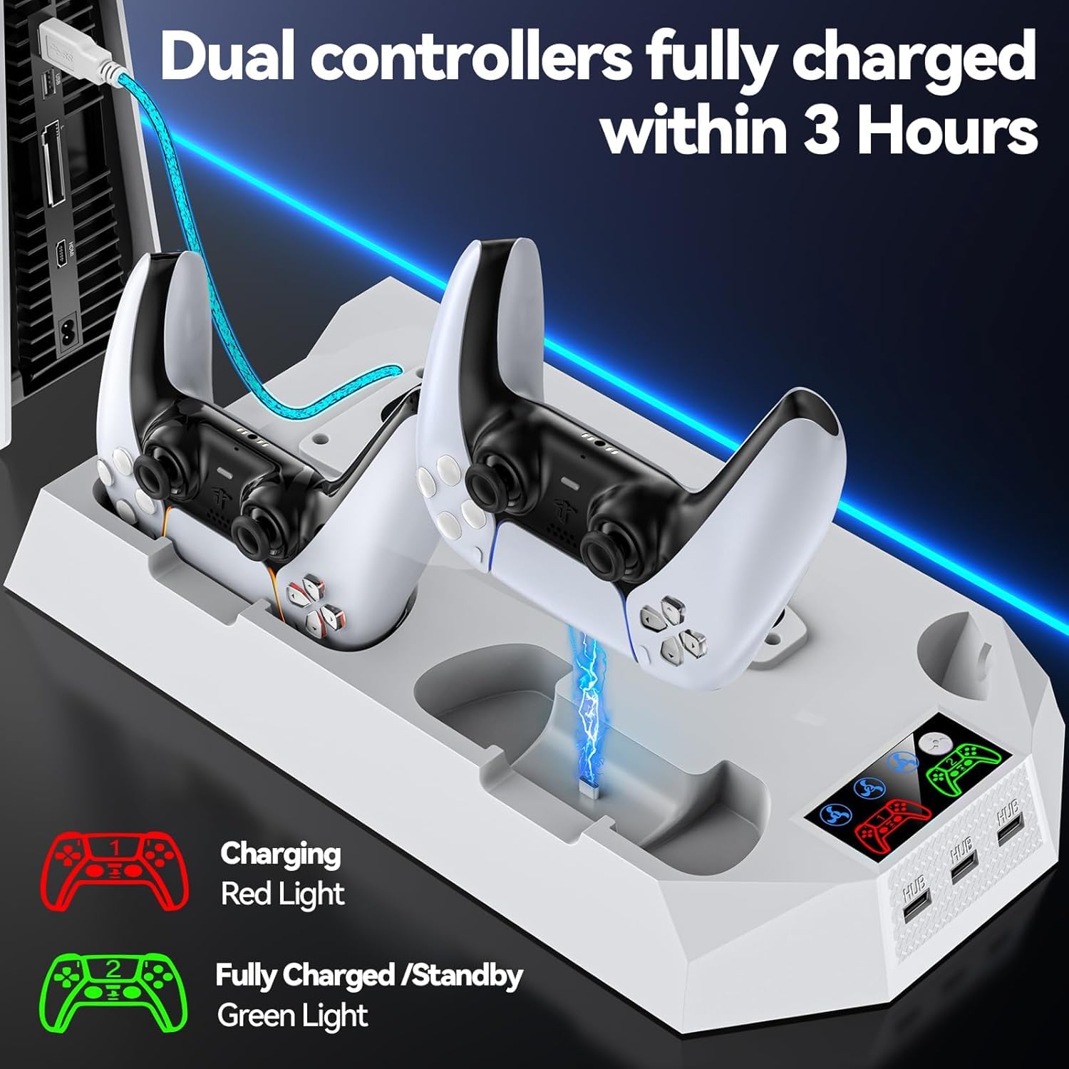 Tokluck PS5 Cooling Station with Dual Controller Charger - 3-Speed Cooling Fan, Headset Stand & 3 USB Ports for PS5/PS5 Slim/PS5 Pro - Perfect for Gaming Marathons & Console Protection