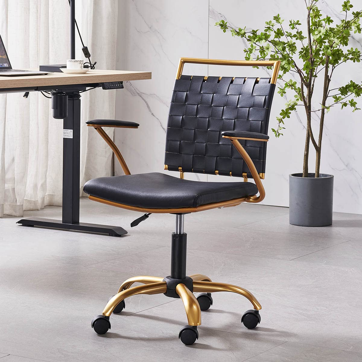Modern Leather Office Chair - Gold & Black Mid Back Swivel Task Chair with Wheels & Arms - Ergonomic Computer Desk Chair for Home & Office Workspace - Comfortable Conference & Gaming Chair (Black)