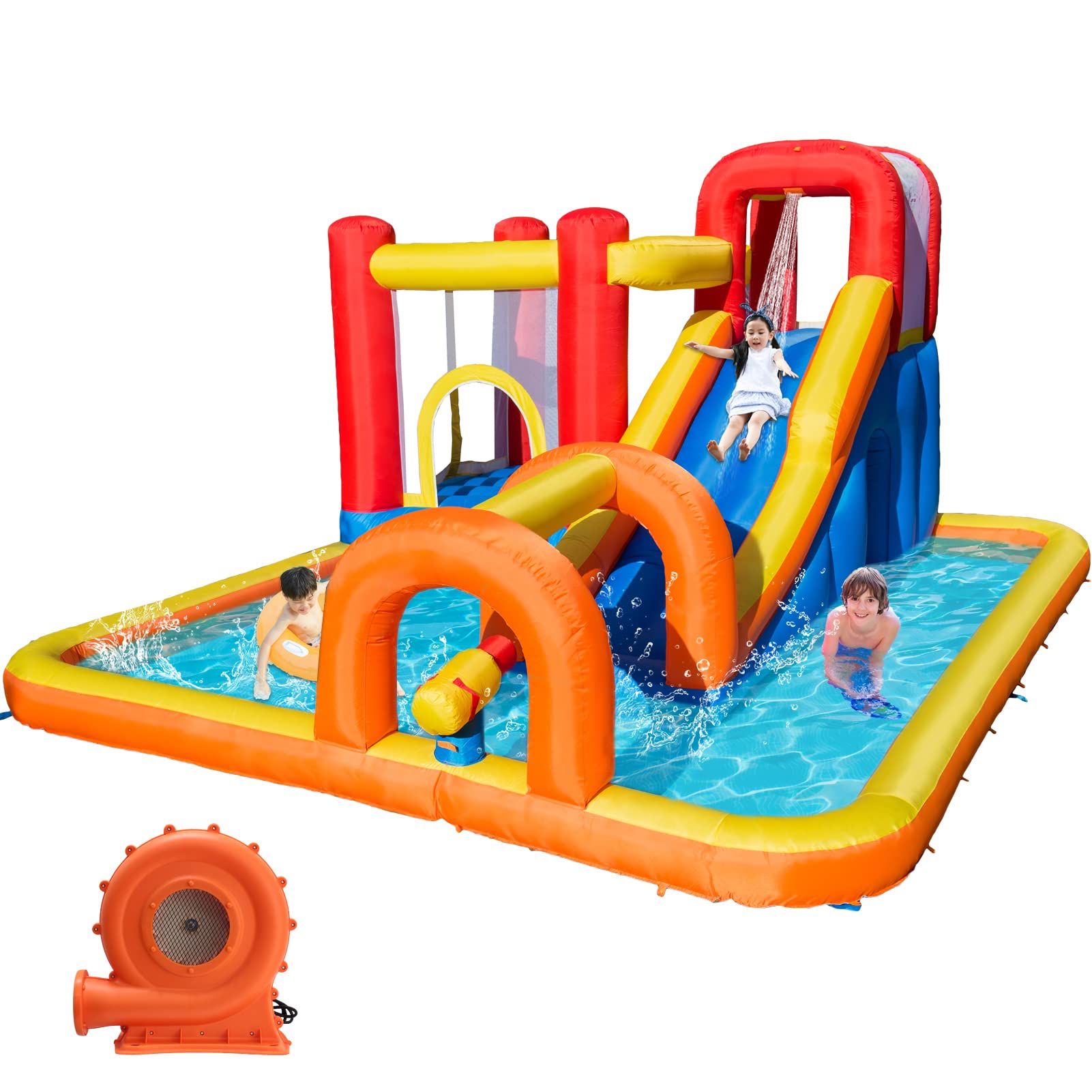 Baralir Inflatable Bounce House Water Park with Long Slide & Splash Pool for 5 Kids - Outdoor Backyard Summer Fun with Cave, Tunnel & Water Cannon for Birthday Parties, Family Gatherings & Kids Playtime