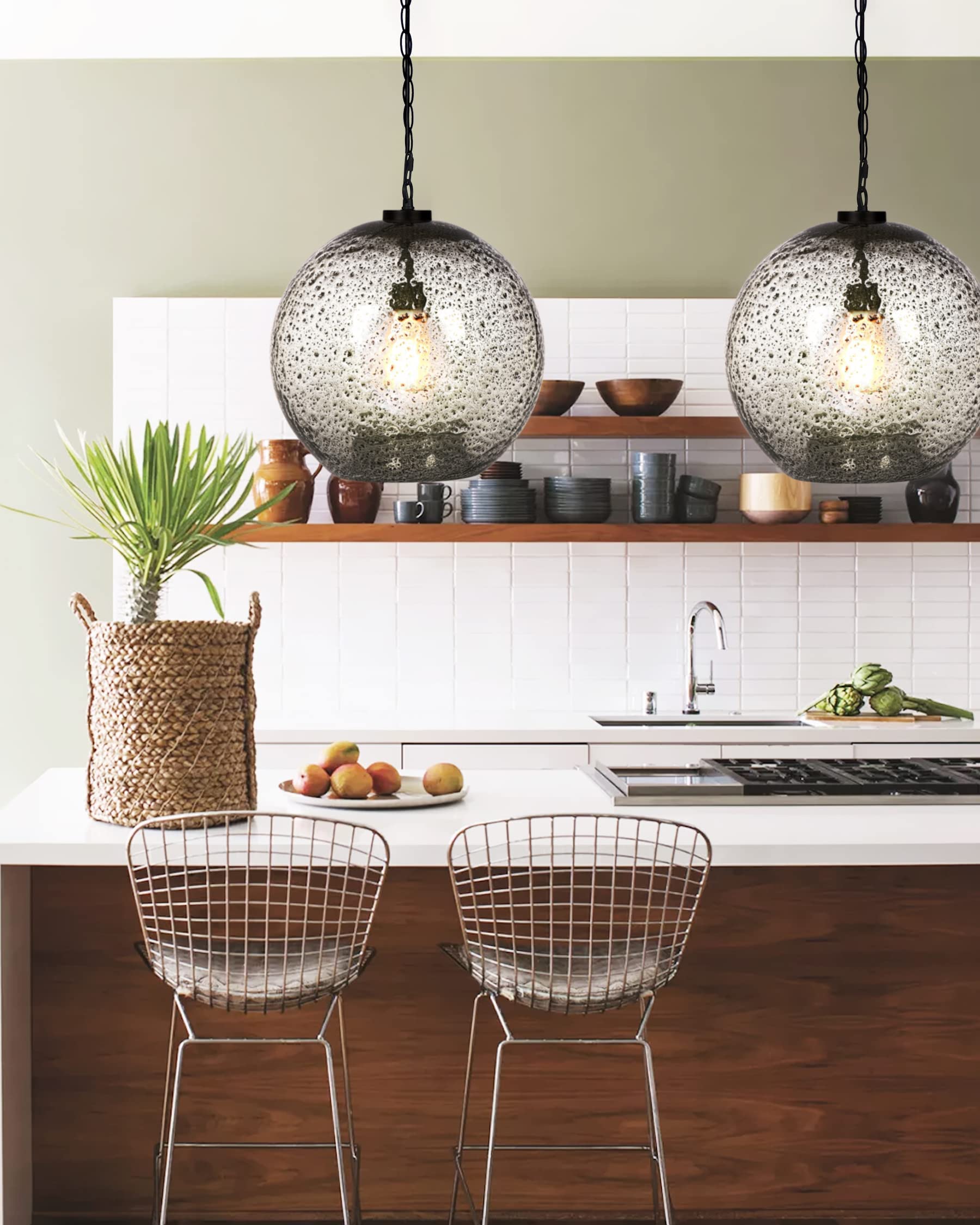 CASAMOTION Hand Blown Glass Pendant Light - 15.6 Inch Rustic Farmhouse Ceiling Hanging Fixture with Clear Marble Globe for Kitchen Island, Dining Room Table & Entryway Lighting | Dimmable Modern Chandelier for Hallway, Living Room & Bedroom Decor