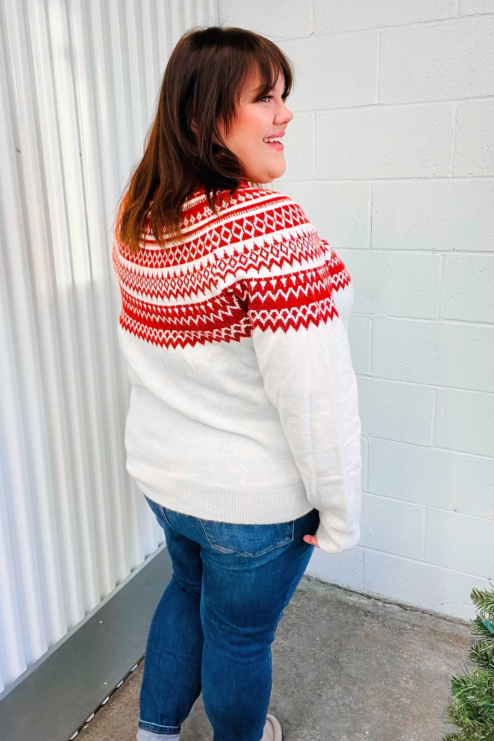 Festive Ivory & Red Fair Isle Mock Neck Sweater - Cozy Christmas Holiday Knitwear for Women, Perfect for Winter Parties & Family Gatherings