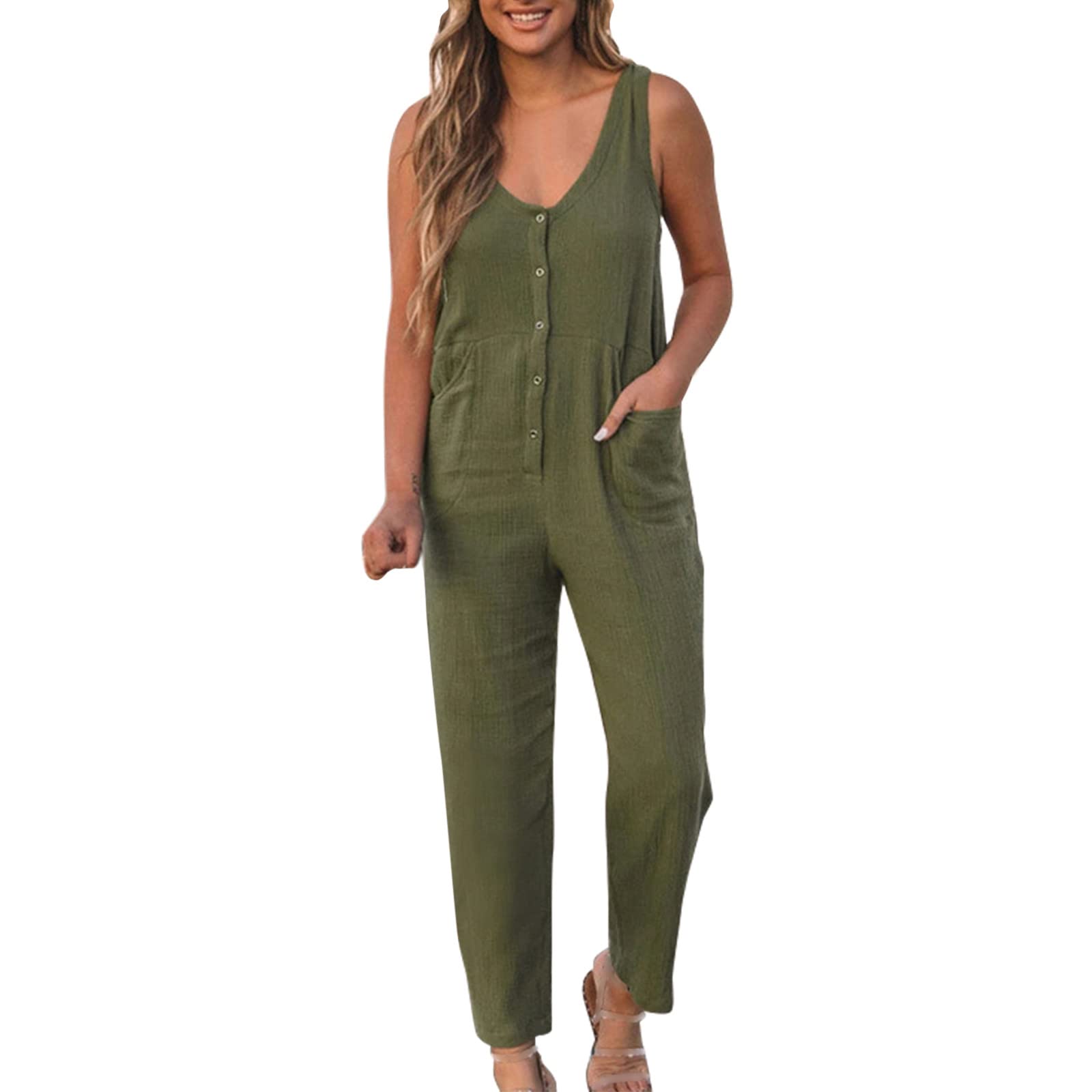 Women's Casual Loose Sleeveless Jumpsuit - Solid Color Button Front Romper with Wide Leg Pants | Perfect for Summer Outfits, Beach Wear & Casual Street Style