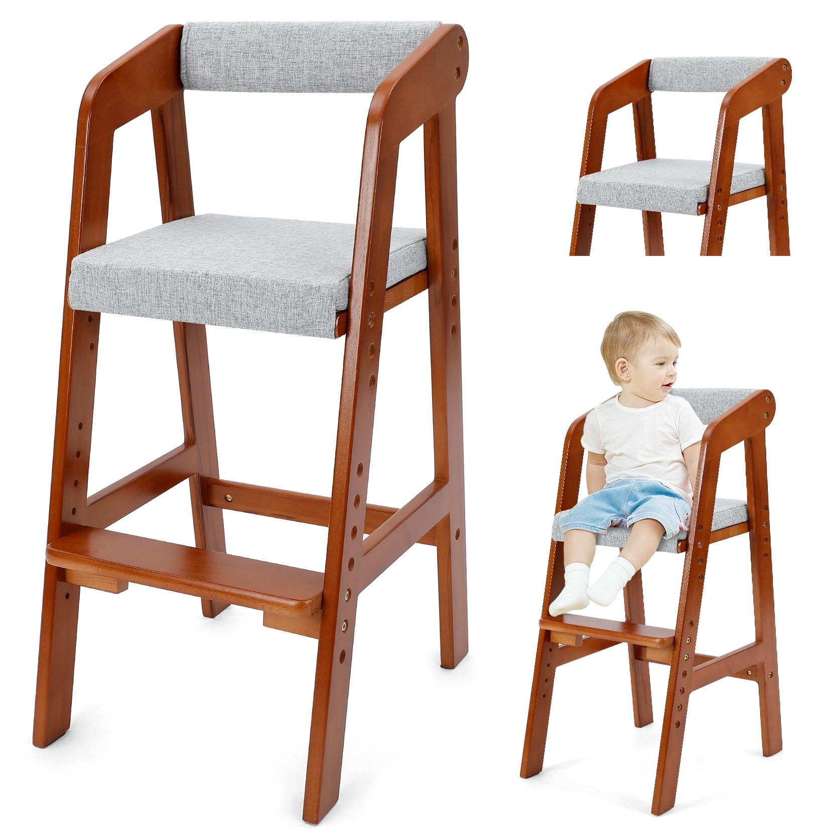 Adjustable Wooden High Chair for Toddlers - Convertible Dining & Feeding Chair with Removable Cushion - Grow with Your Child for Mealtime, Study & Play - Nut Brown Baby Step Stool Included - Perfect for Home, Restaurant & Daycare Use