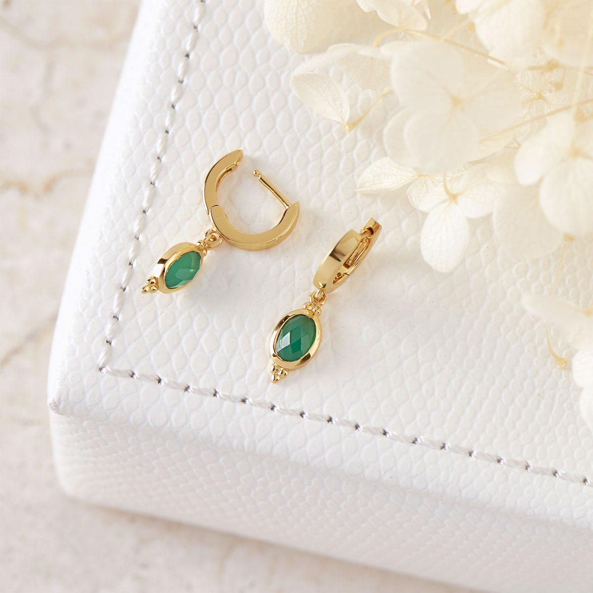 Moon Song Green Onyx Huggie Hoop Earrings in 14K Gold - Elegant Dainty Stud Earrings for Women, Perfect for Everyday Wear & Special Occasions