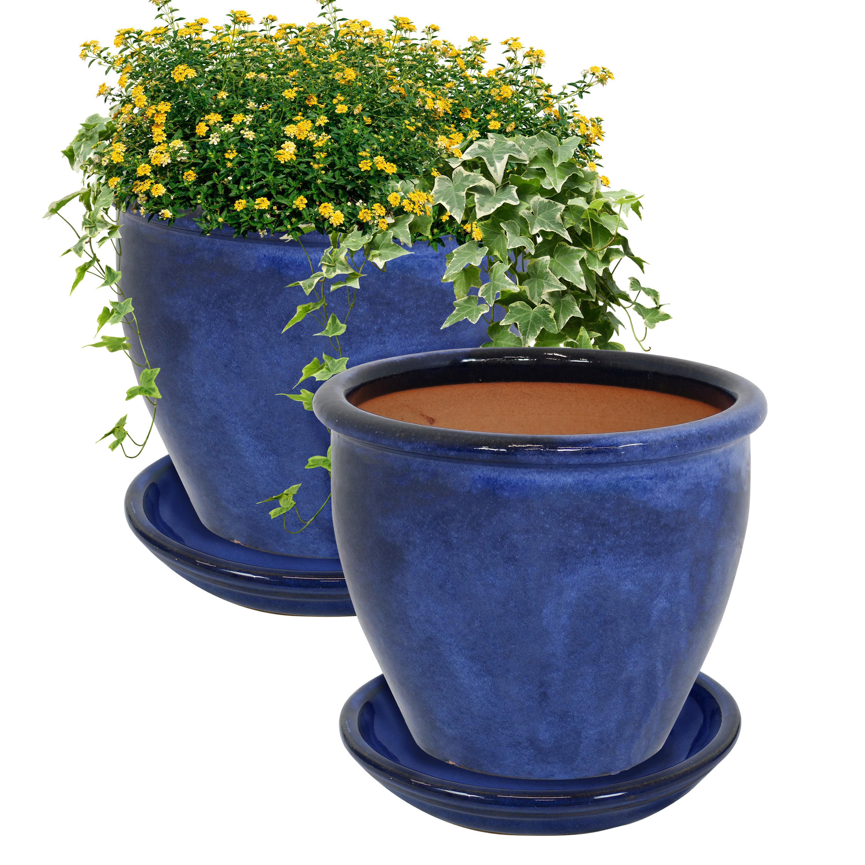 Sunnydaze 2-Pack Glazed Ceramic Plant Pots with Saucers - Indoor/Outdoor Decorative Flower Planters for Home, Garden, and Patio
