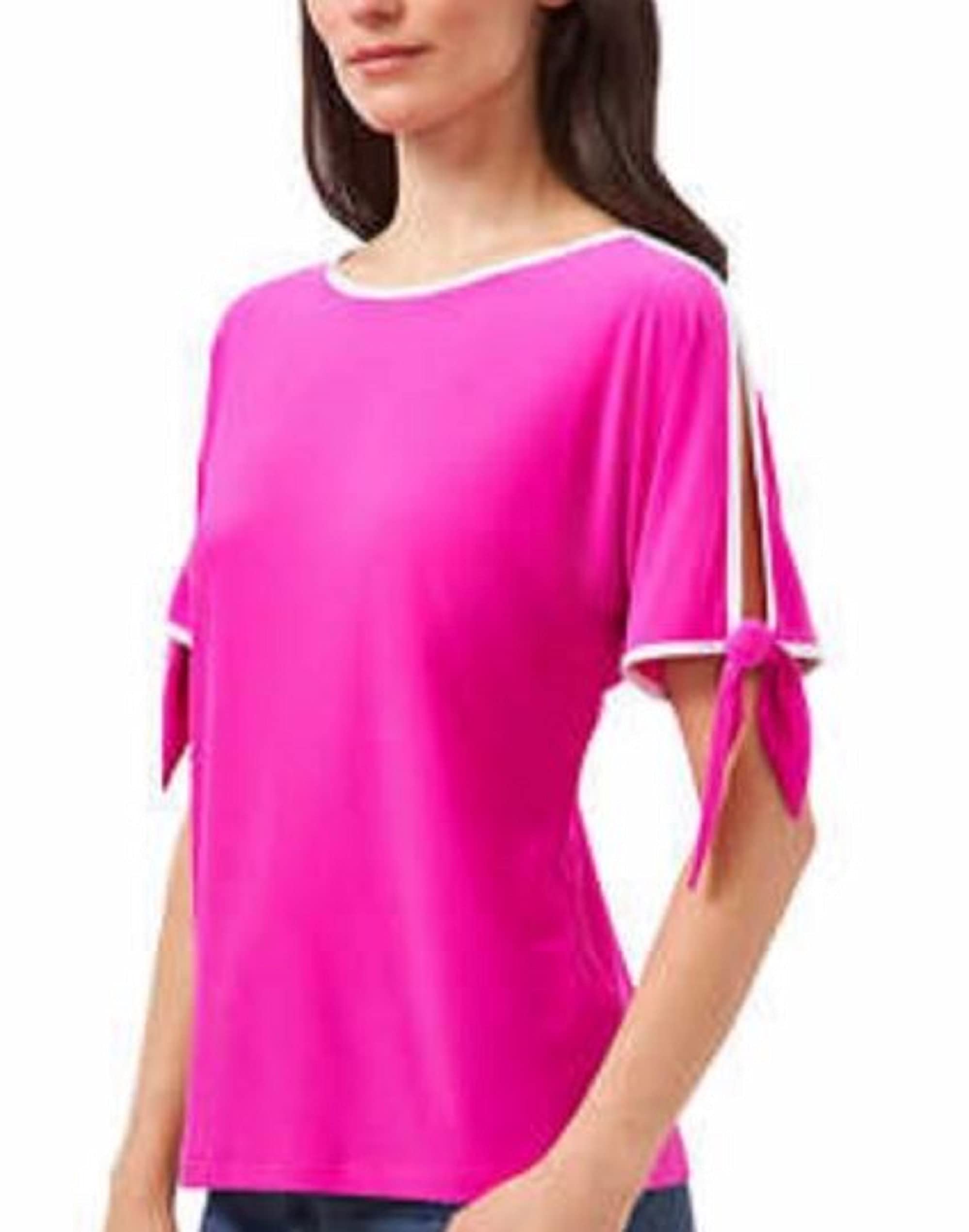 Vince Camuto Women's Tie Sleeve Blouse - Fiercely Fuchsia & White, Small | Elegant Casual & Office Wear for Women