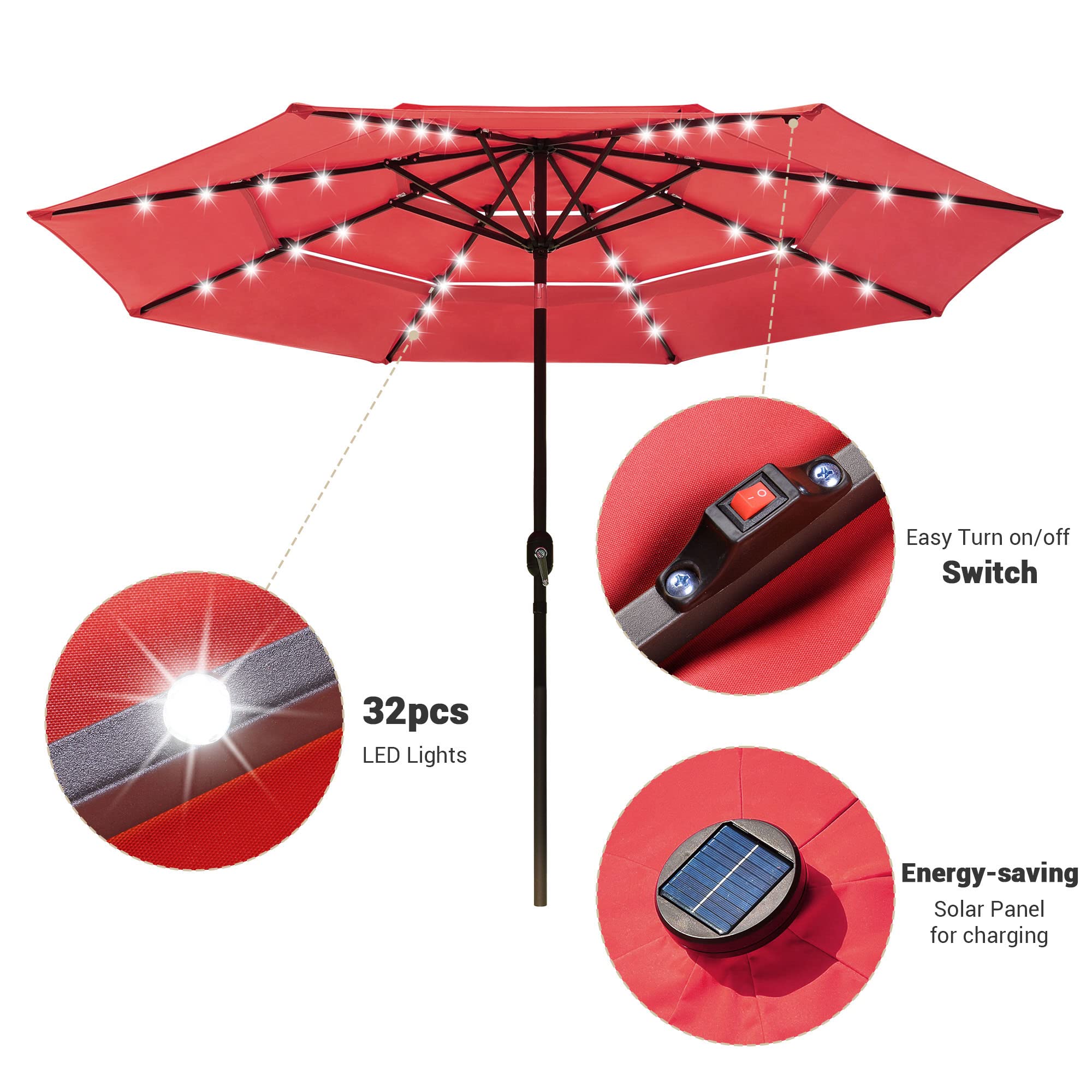 Yescom 10FT 3-Tier Solar LED Patio Umbrella with Crank & Tilt - Aluminum Frame for Outdoor Deck, Backyard, Pool Party & Night Events (Red) | Perfect for Lounging, Dining, and Entertaining Guests in Your Garden or Patio