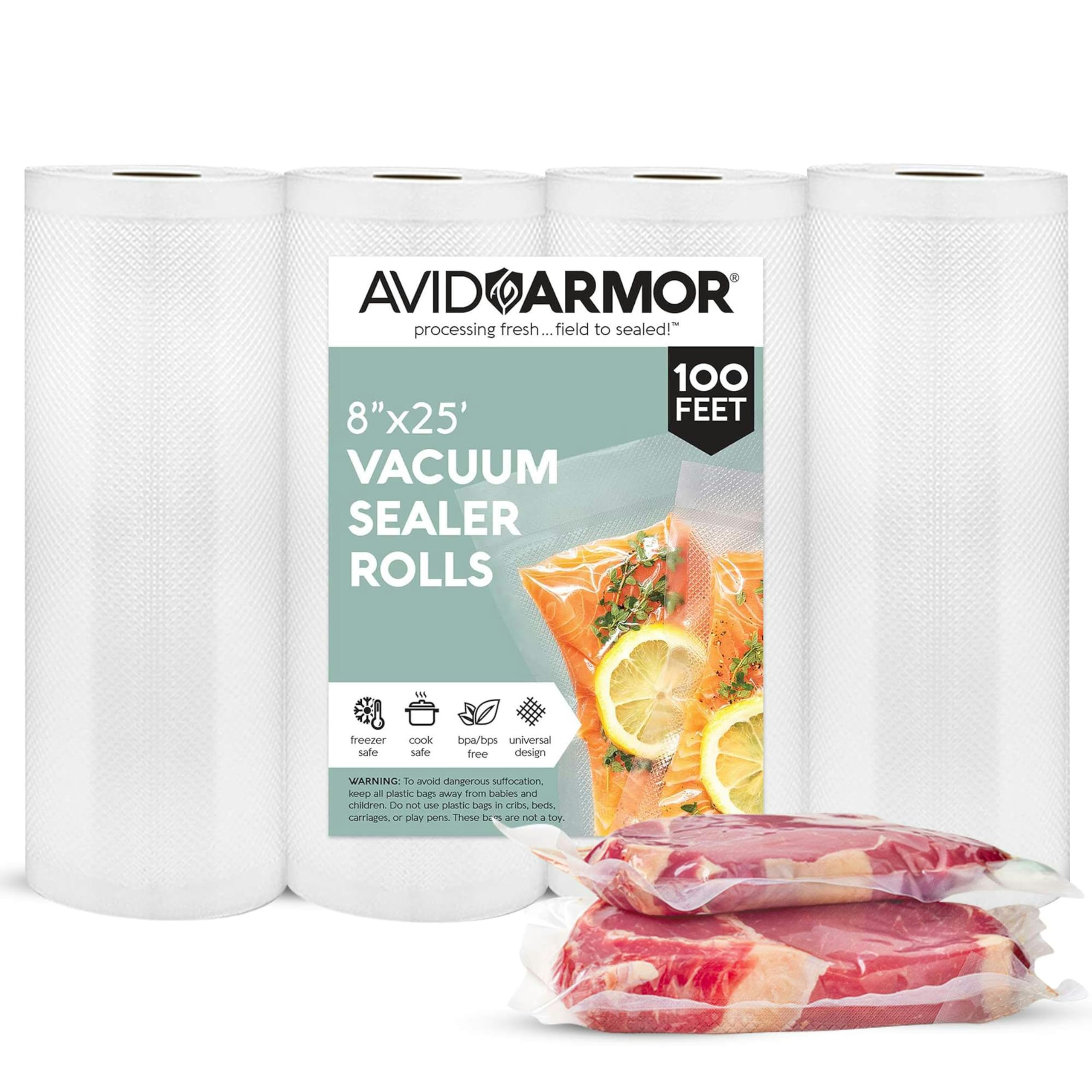 Avid Armor BPA-Free Vacuum Sealer Bags - 4 Pack (8x25 Rolls) | Heavy Duty Food Storage Bags for Sous Vide, Meal Prep & Freezing | Compatible with FoodSaver, Seal-a-Meal | Perfect for Home Kitchen, Camping & Long-Term Food Preservation
