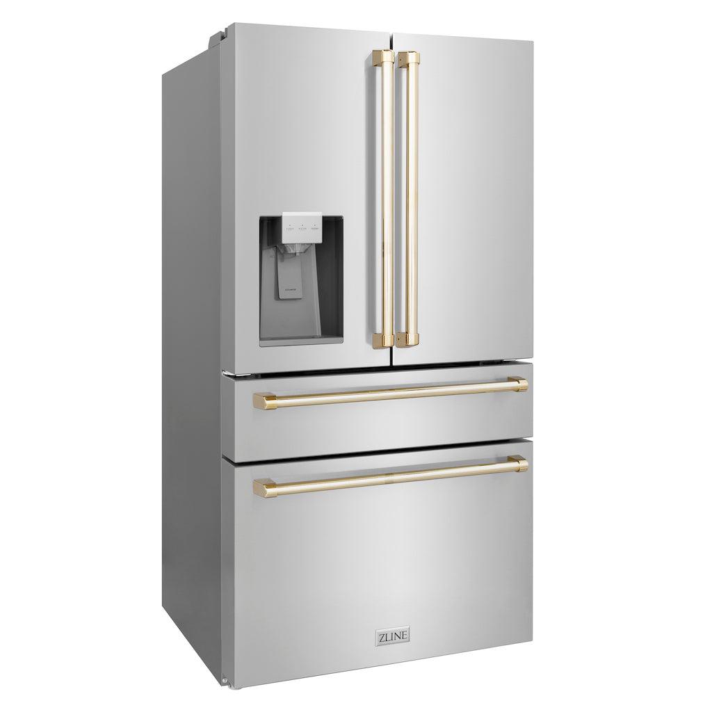 ZLINE Autograph Edition 36 Inch Counter Depth French Door Refrigerator - 21.6 cu ft Capacity, Fingerprint Resistant Stainless Steel with Polished Gold Handles, Built-in Water & Ice Dispenser (RFMZ W 36 G) - Perfect for Modern Kitchens, Entertaining & Luxury Home Appliances