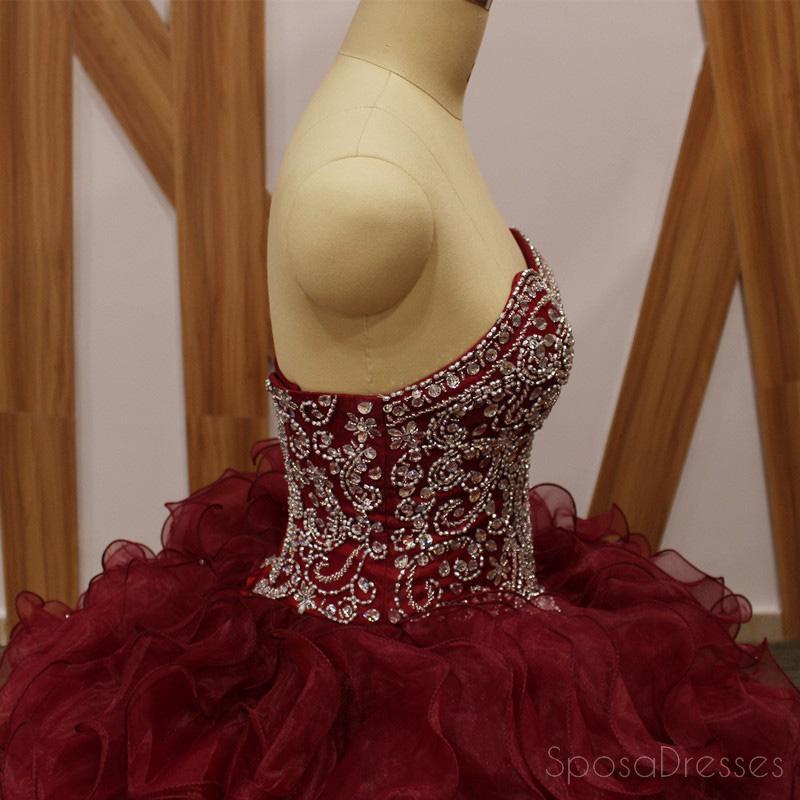 Elegant Maroon Ball Gown with Beaded Organza - Long Evening Prom Dress for Women | Sweet 16 Dresses | Perfect for Formal Events, Homecoming, Quinceañera & Special Occasions