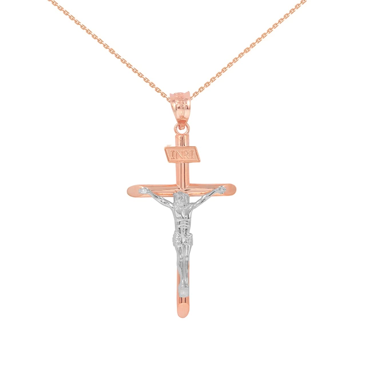 10K Rose Gold & White Gold INRI Cross Pendant Necklace (1.60