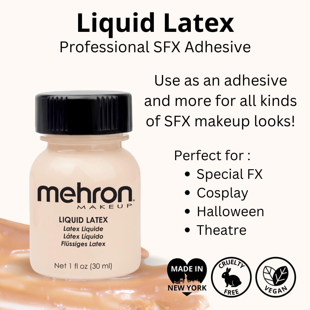 Mehron Liquid Latex for SFX Makeup - Professional Halloween Prosthetic Adhesive - Skin Safe Latex Glue 1 fl oz (30ml) Light Flesh Tone - Perfect for Costumes, Special Effects & Theater Makeup