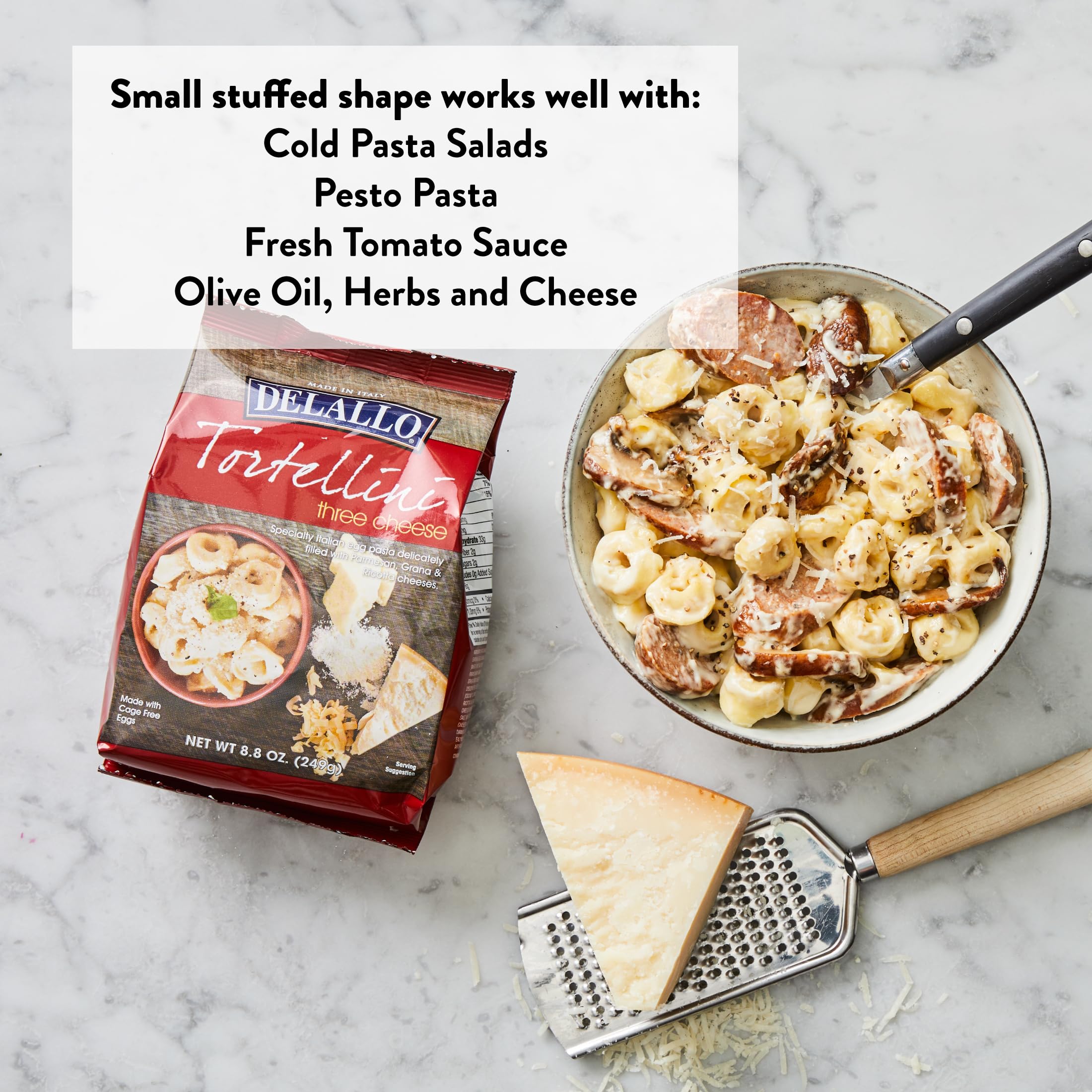 DeLallo Three Cheese Tortellini Pasta - 8.8 oz Bag (4 Pack) | Authentic Italian Pasta with Parmesan, Romano & Ricotta Cheeses | Perfect for Quick Dinners, Family Meals & Italian Recipes